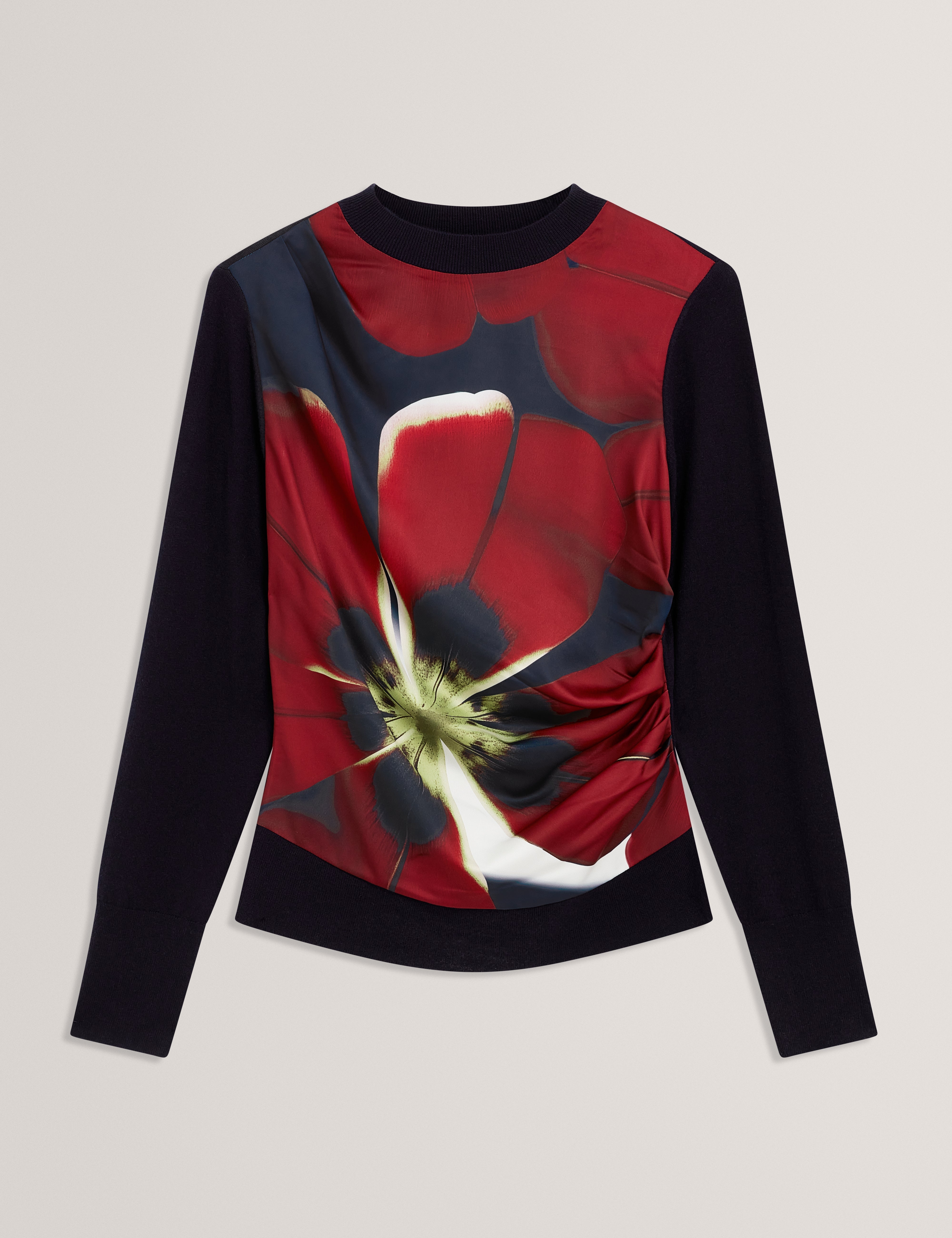 بلوزة ماوي منسوجة بطبعة أمامية متدلية، لون بحري.