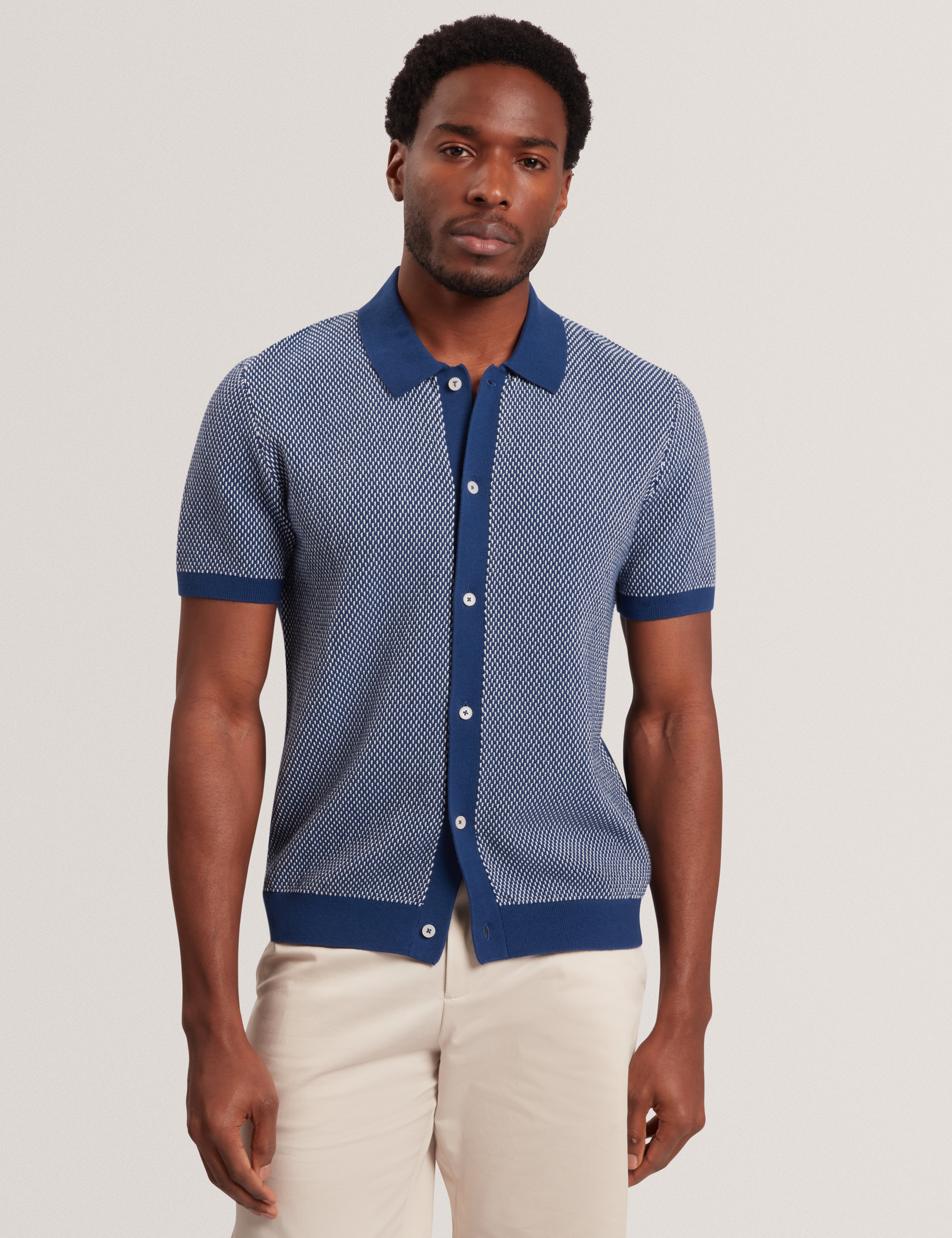 Noliva Short Sleeve Small Stitch Button Through Polo Mid-Navy