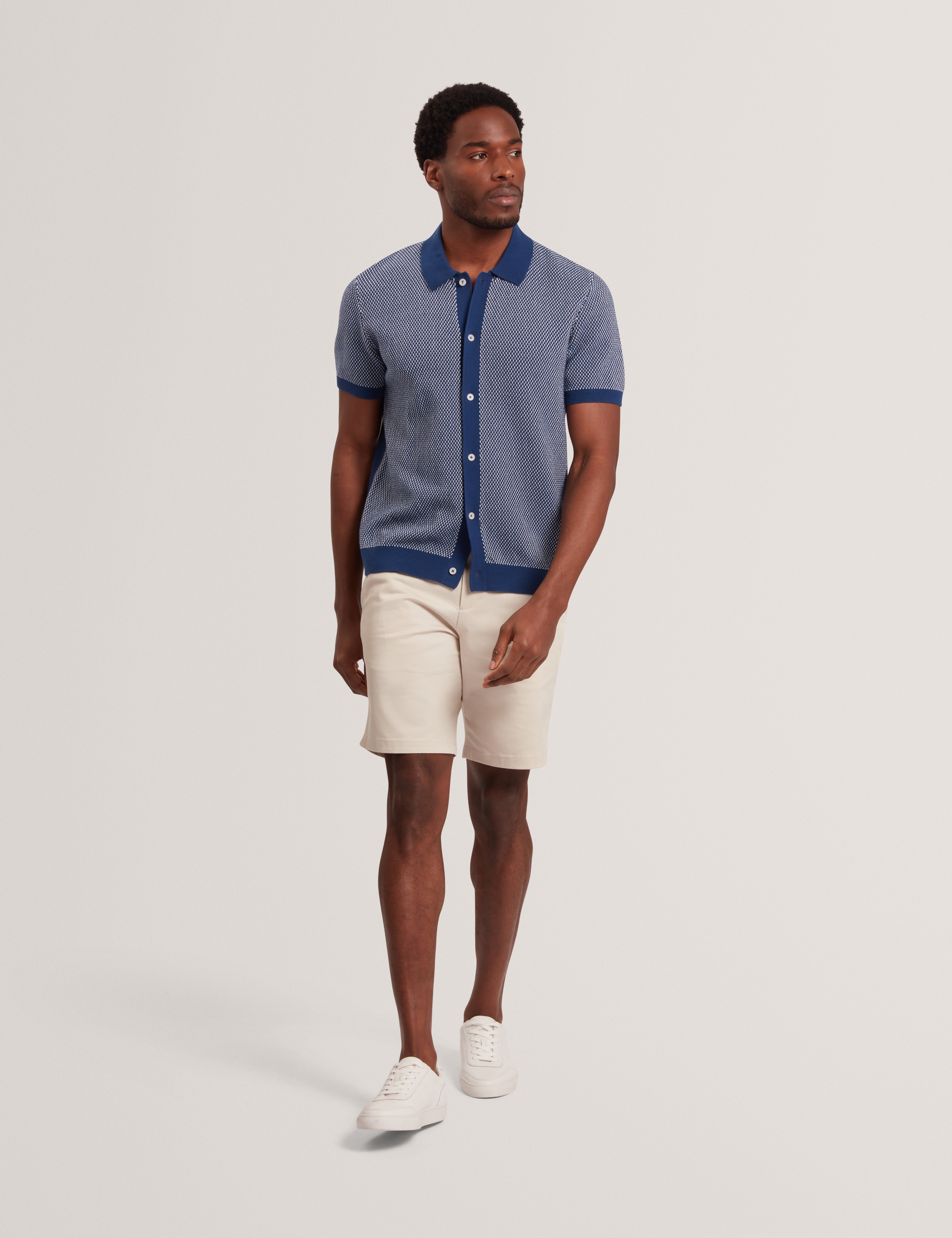 Noliva Short Sleeve Small Stitch Button Through Polo Mid-Navy