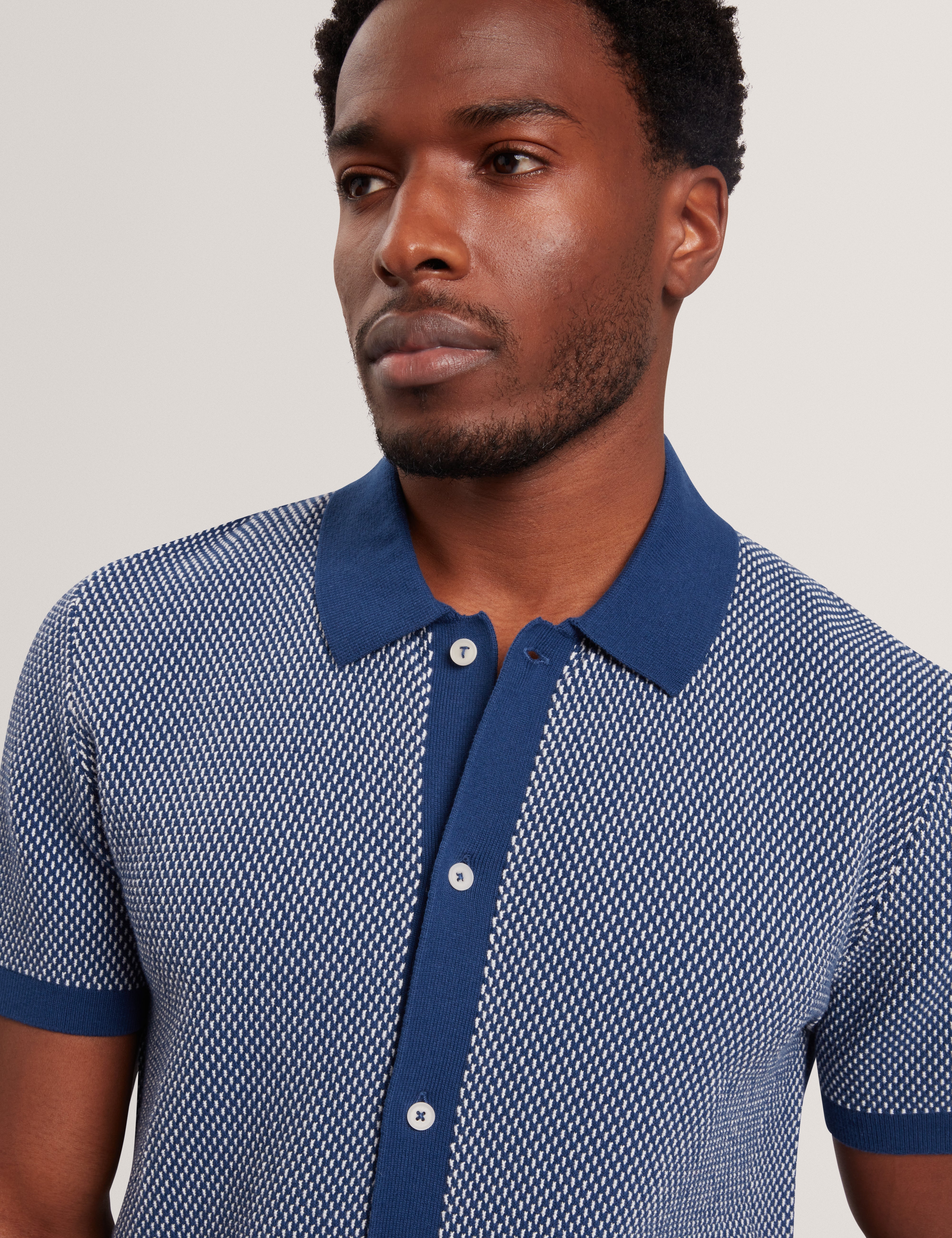 Noliva Short Sleeve Small Stitch Button Through Polo Mid-Navy