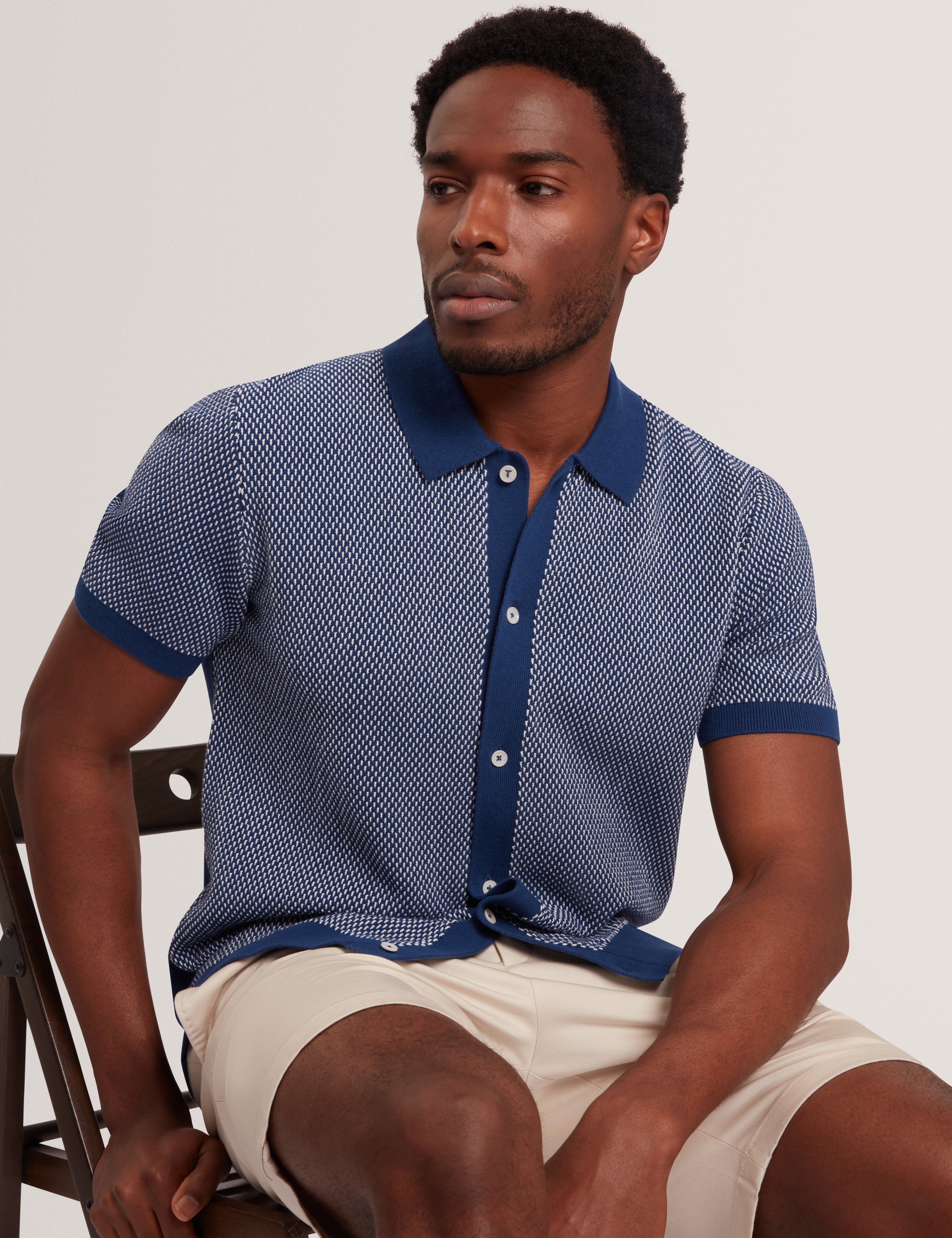 Noliva Short Sleeve Small Stitch Button Through Polo Mid-Navy