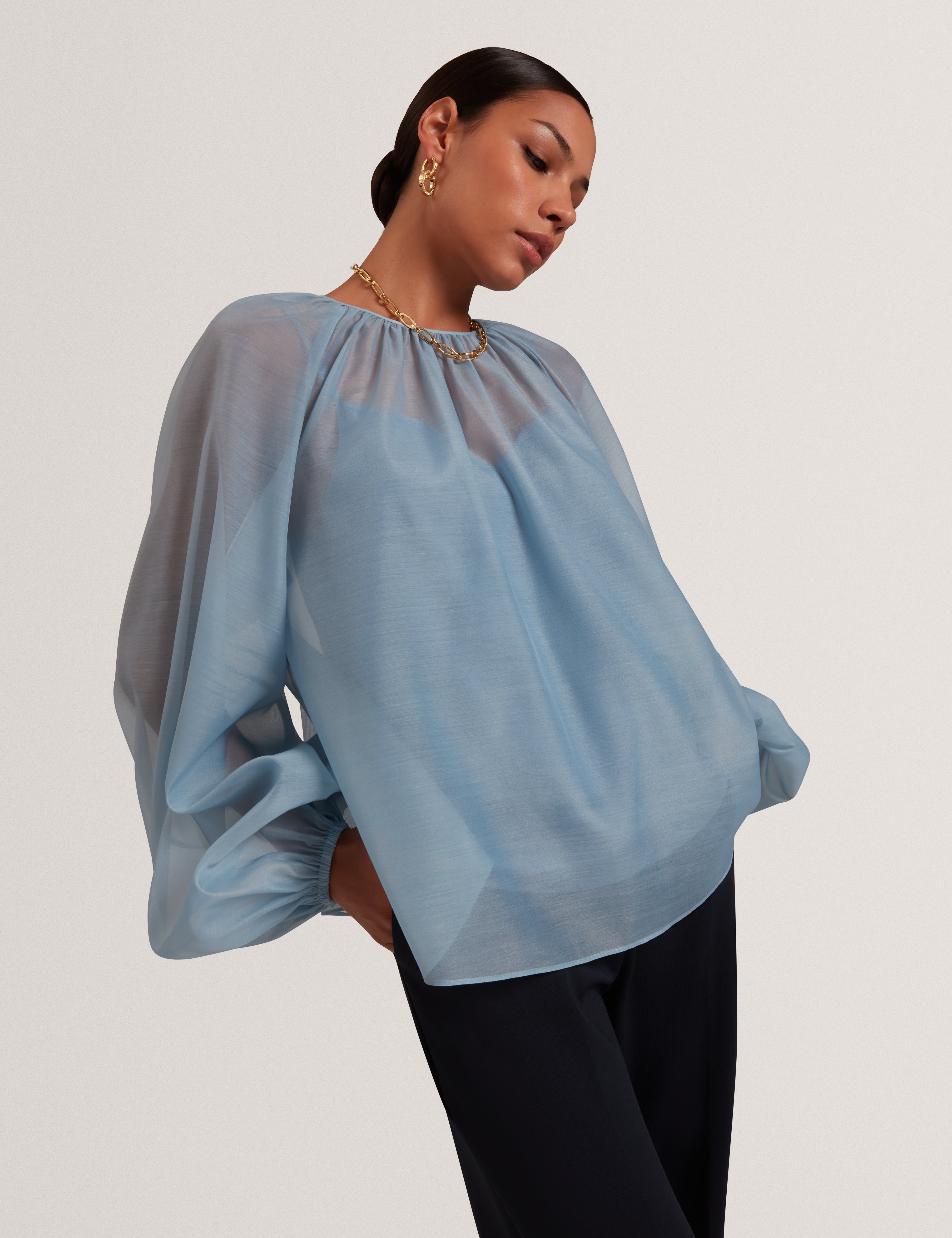 Eelana Organza Puff Sleeve Blouse Lt-Blue