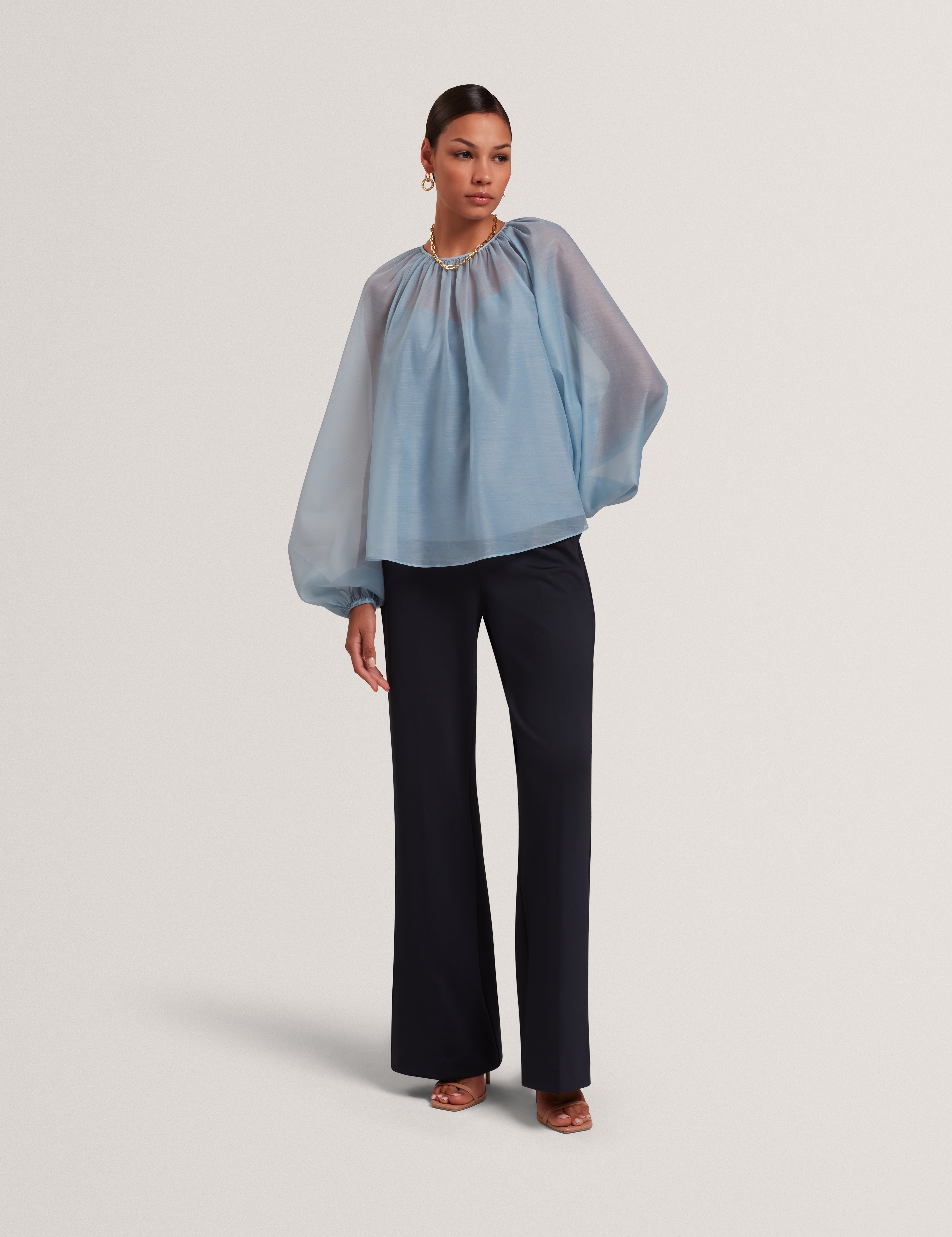 Eelana Organza Puff Sleeve Blouse Lt-Blue