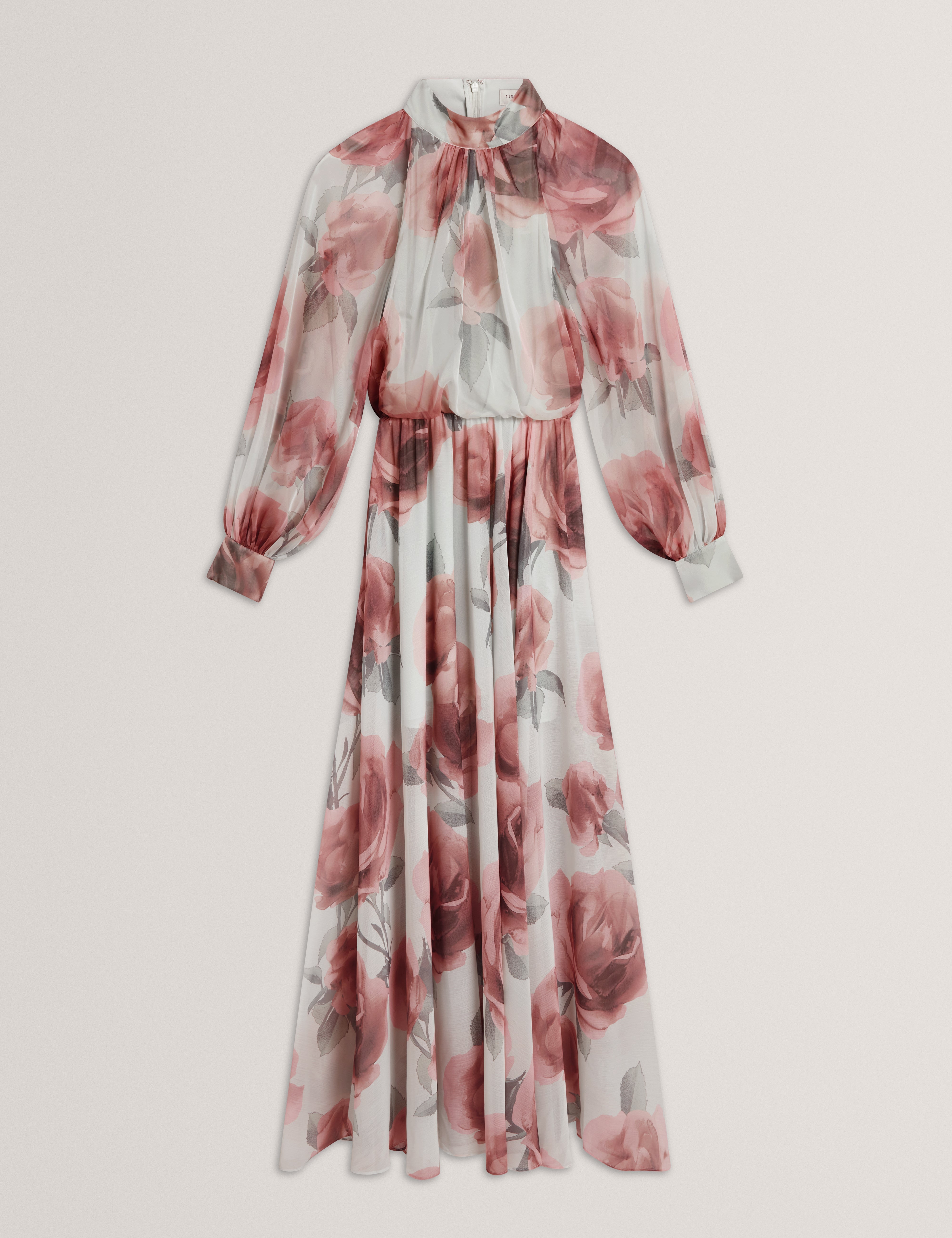 فستان ماكسي طويل الأكمام مزين بتفاصيل ربطة عنق ونقشة زهور من روي، باللون الأخضر.