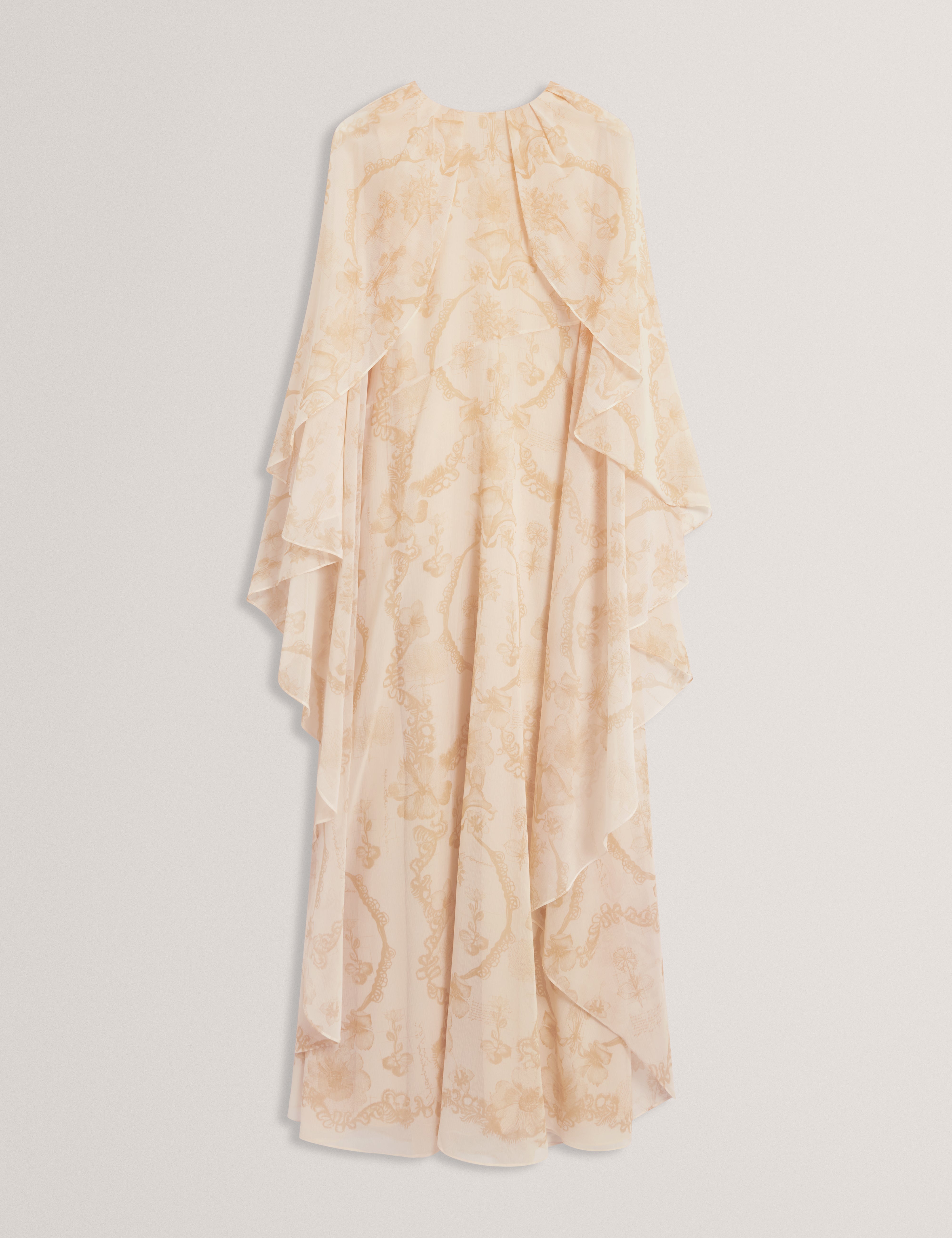 فستان ماكسي نييفا ذو التفاصيل الشلالية مع كيب، لون أصفر فاتح.