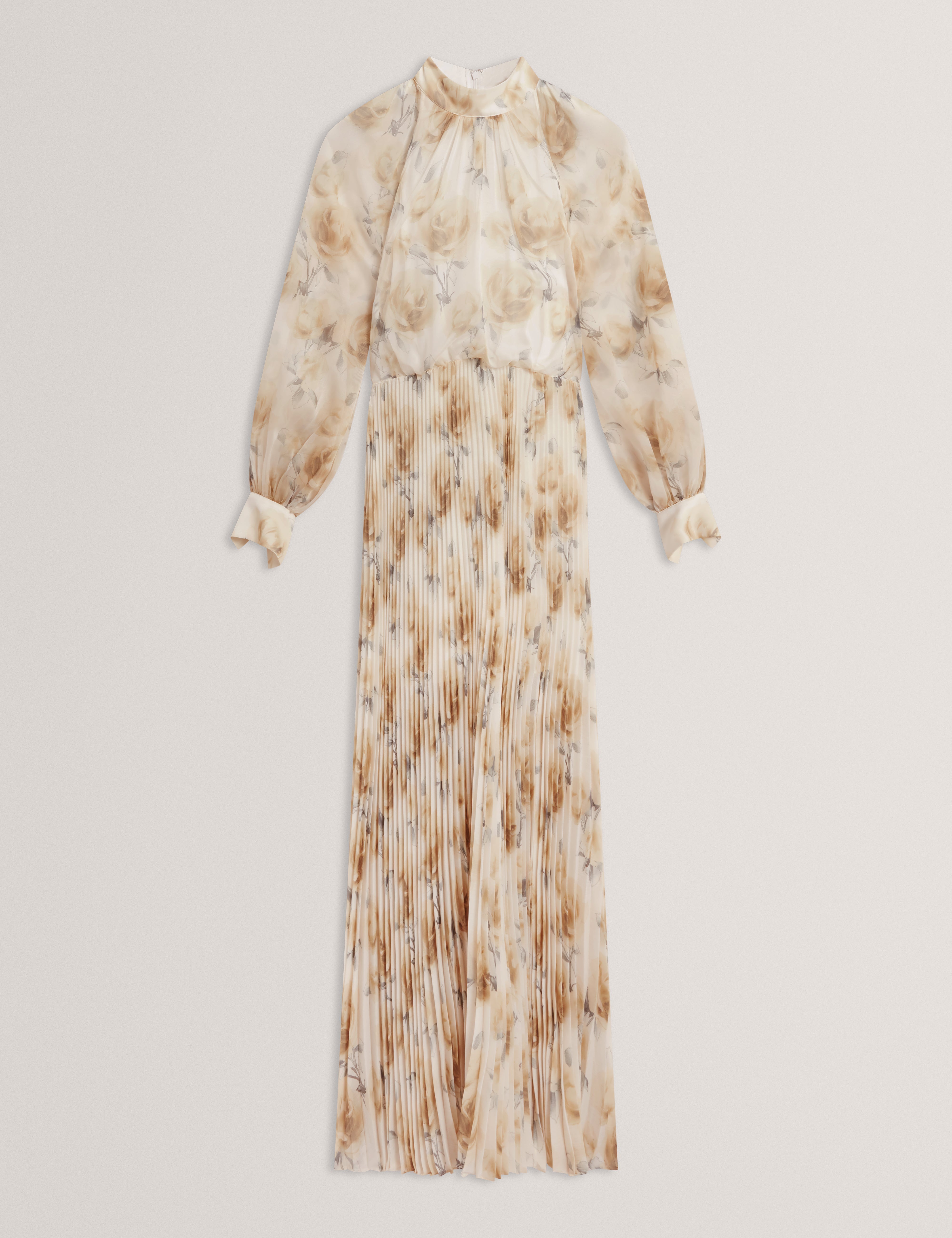 فستان ماكسي طويل الأكمام مزين بتفاصيل رباط وطبعة زهور باللون العاجي من باتسي.