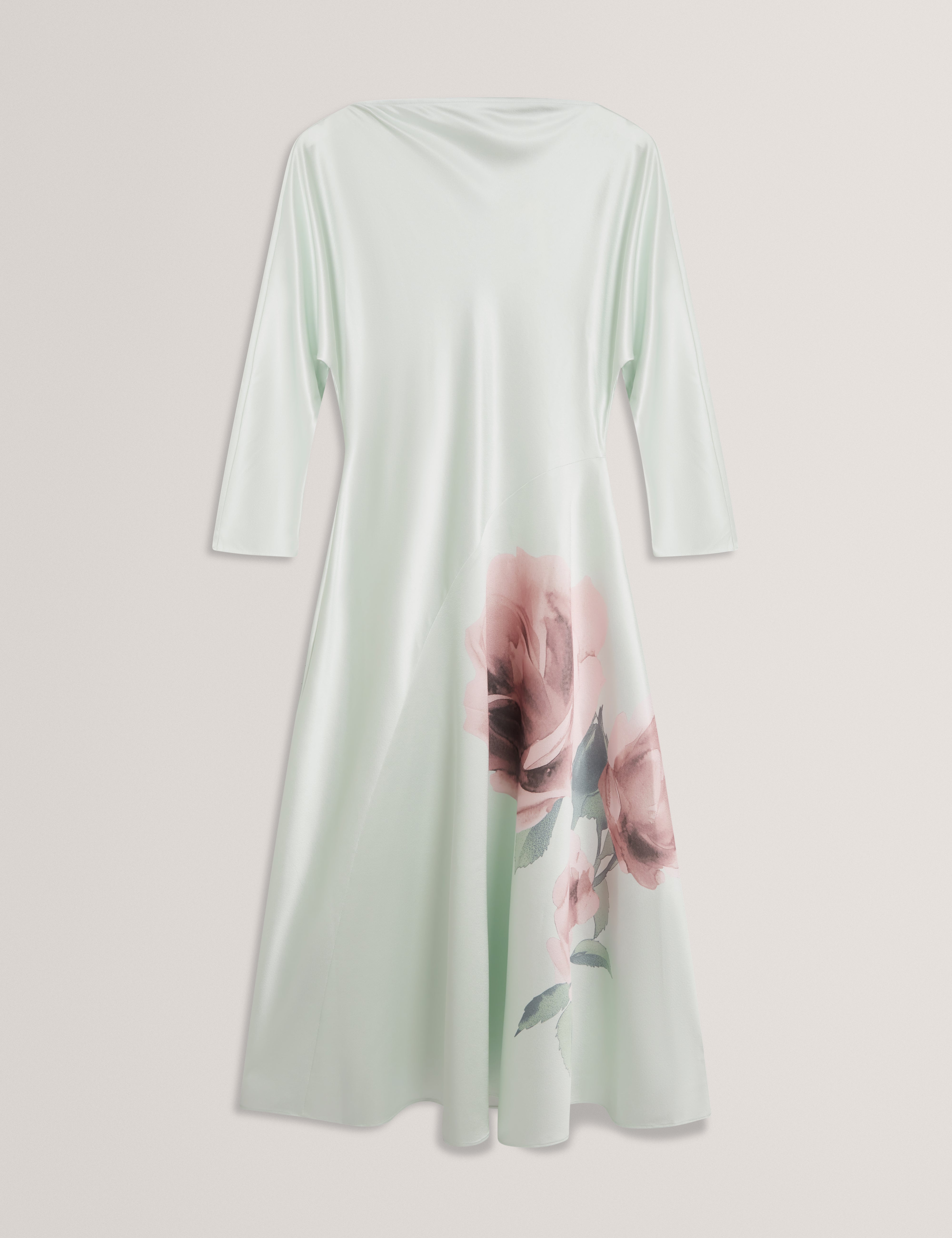 فستان ماكسي رايمي بتفاصيل خياطة منحنية، لون أخضر بلاس.