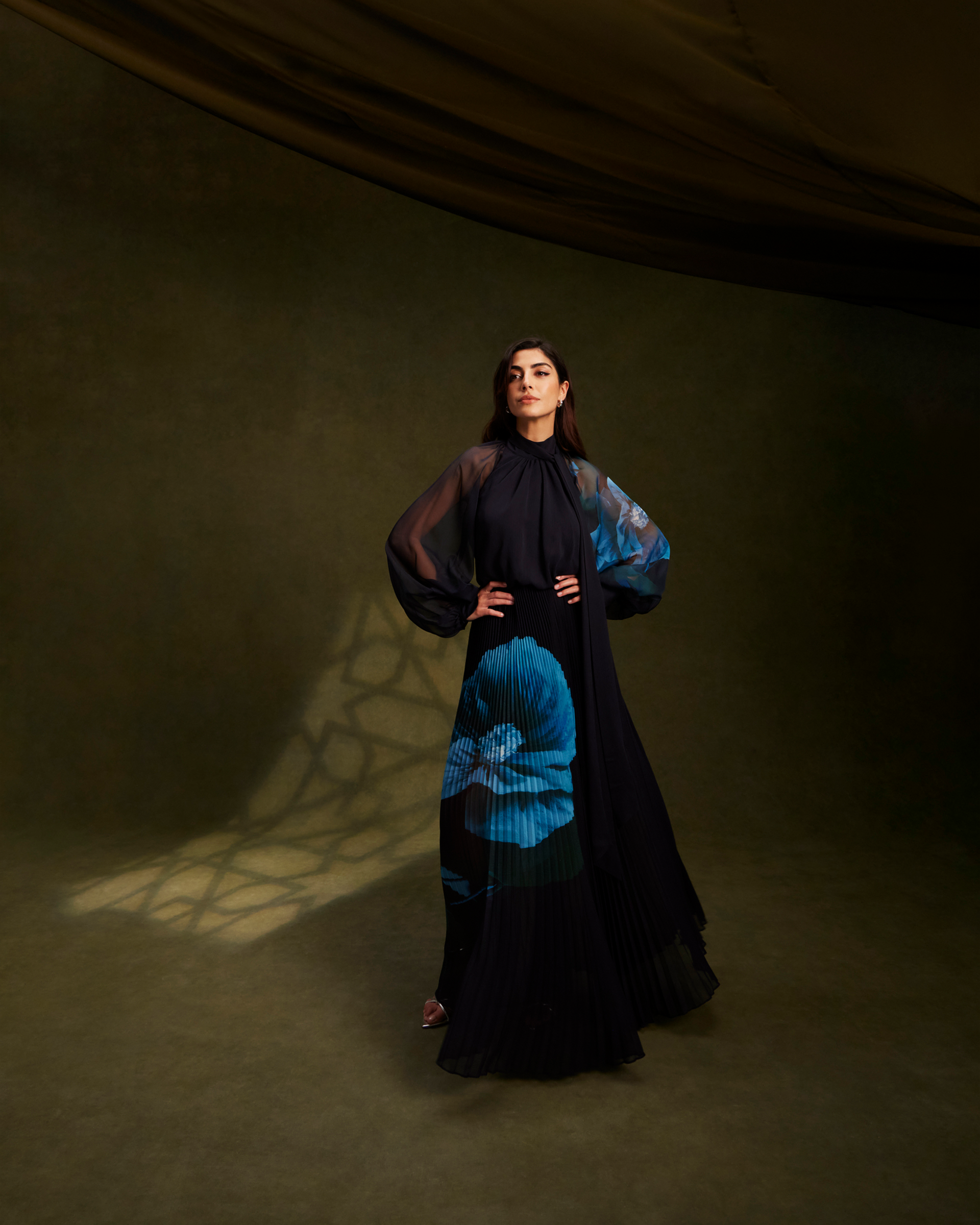 Manami Pussybow Shirt Maxi Dress With Slit Navy