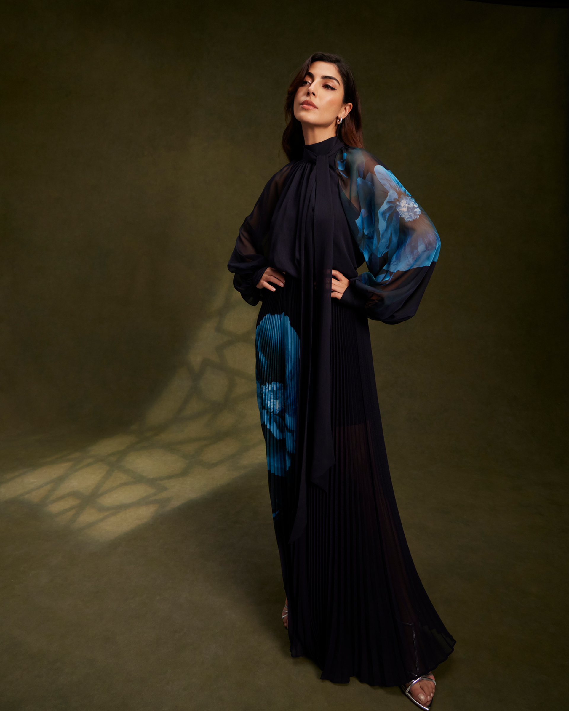 Manami Pussybow Shirt Maxi Dress With Slit Navy