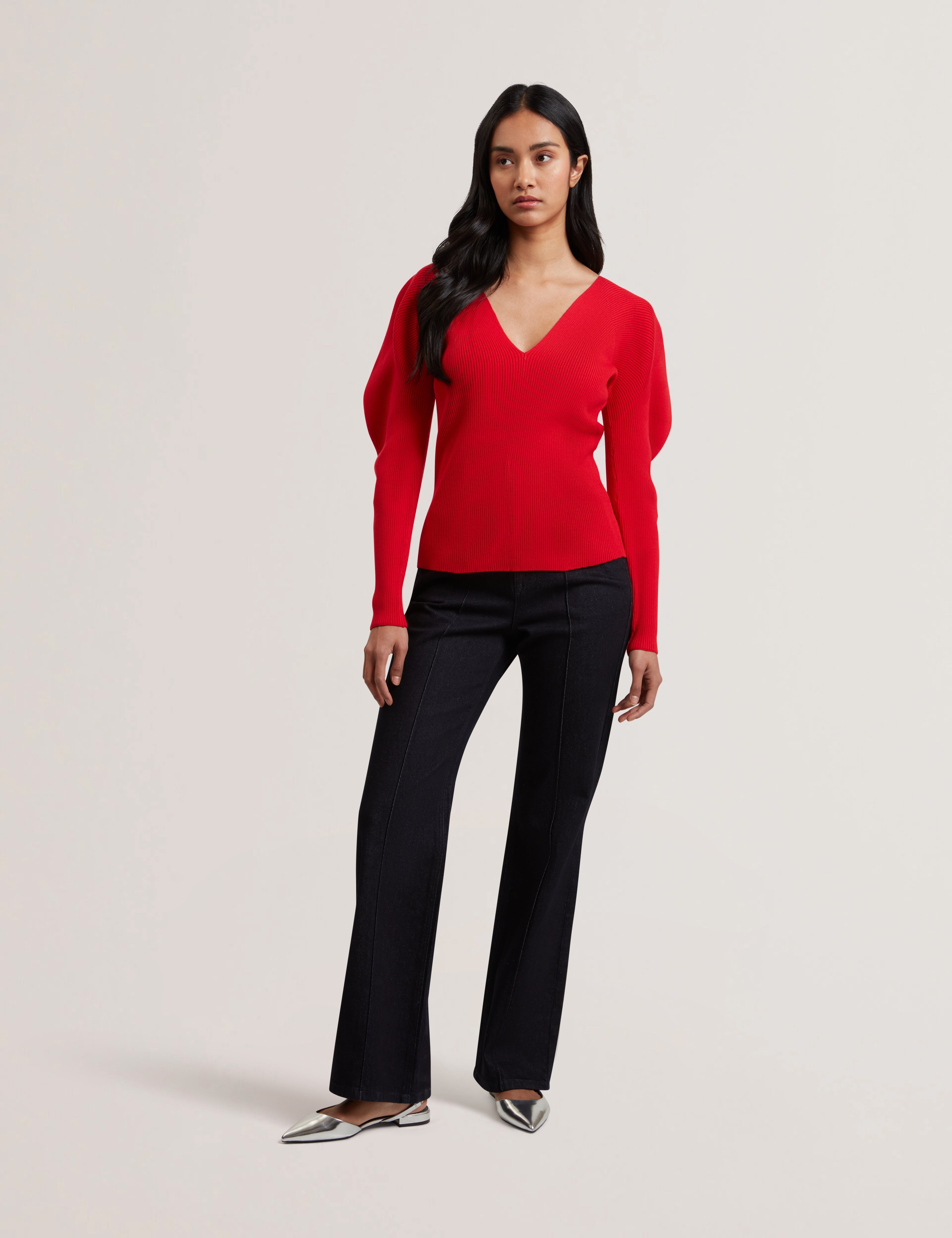 Amelyaa Ribbed Sculpted Sleeve Sweater Brt-Red