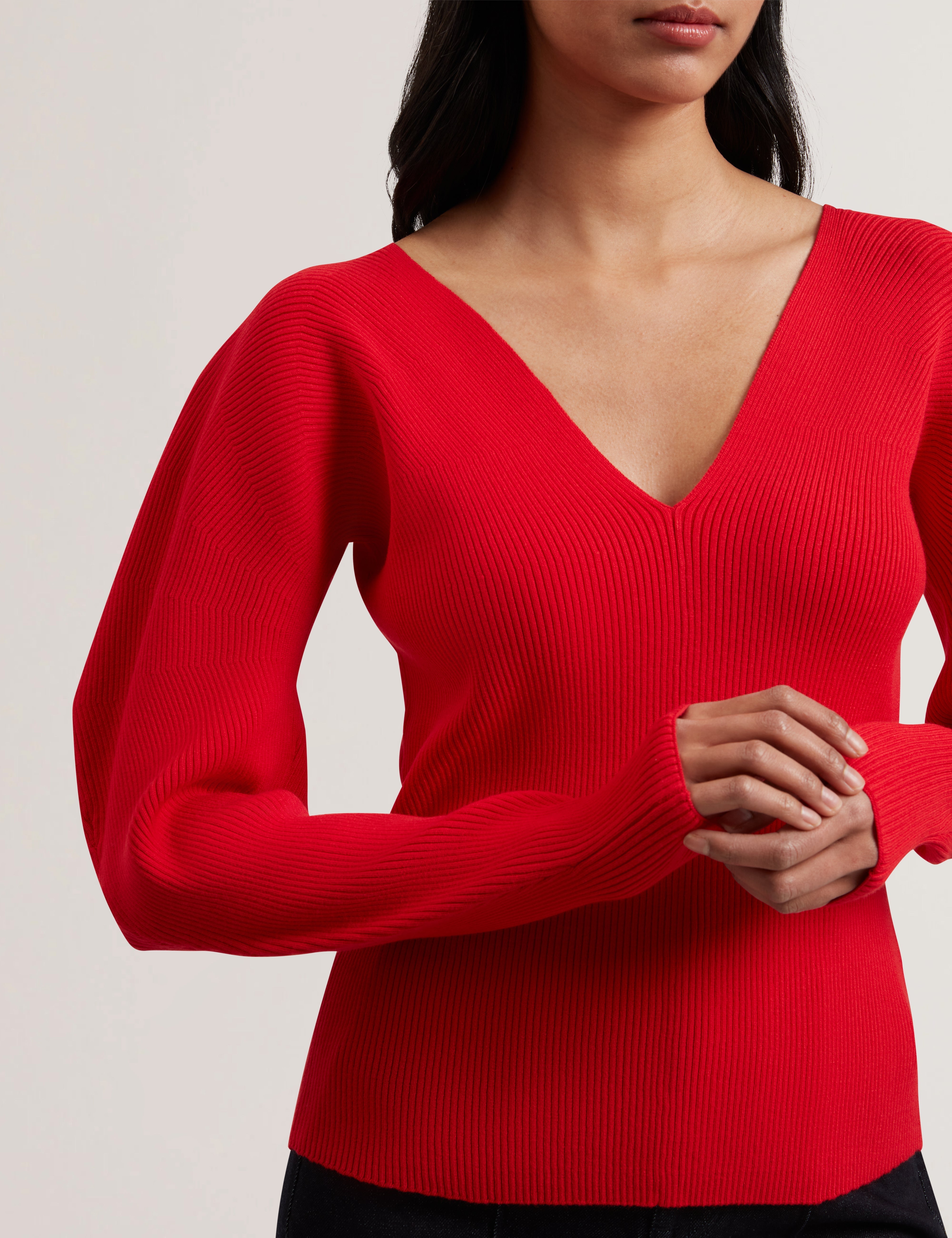 Amelyaa Ribbed Sculpted Sleeve Sweater Brt-Red