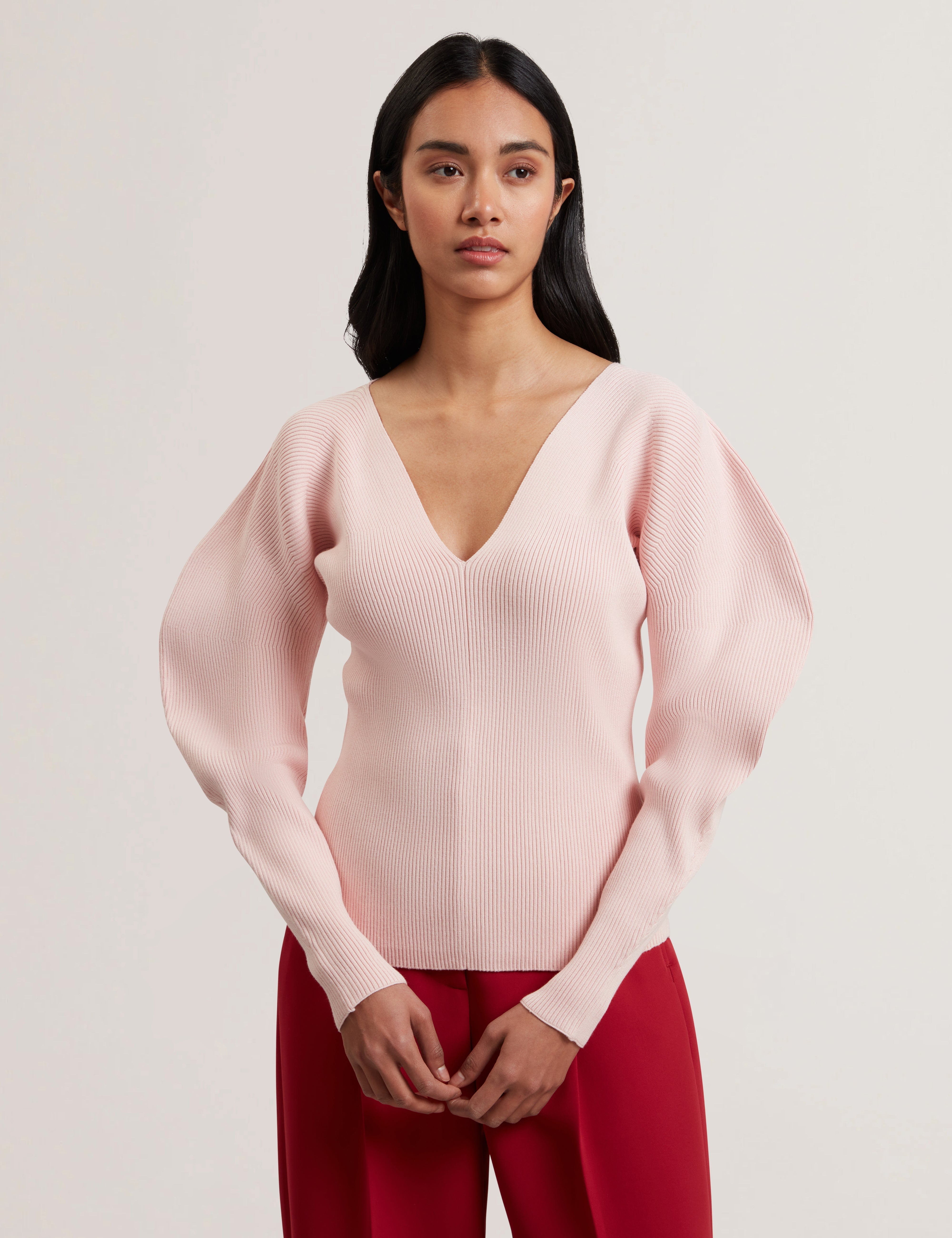 Amelyaa Ribbed Sculpted Sleeve Sweater Lt-Pink