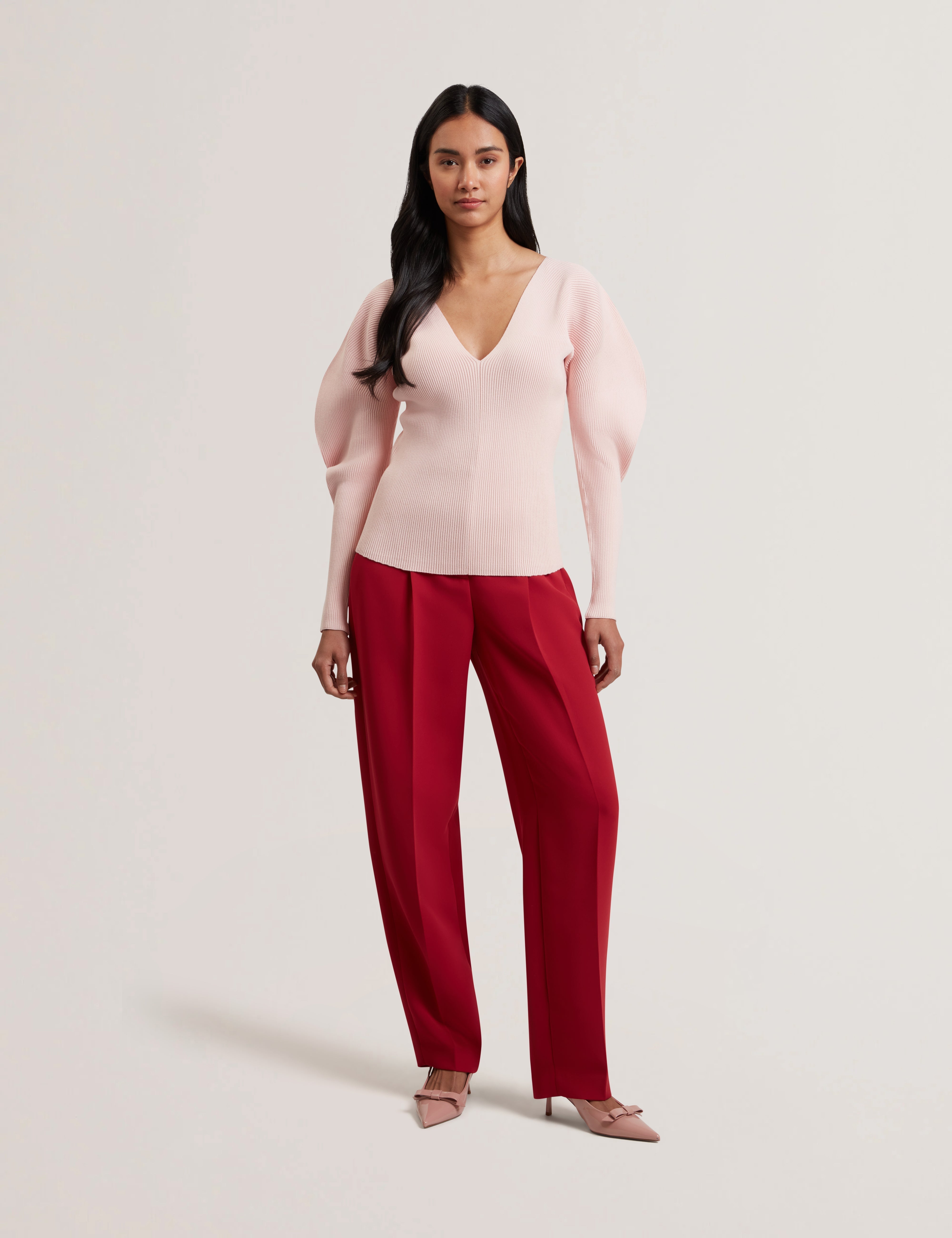 Amelyaa Ribbed Sculpted Sleeve Sweater Lt-Pink
