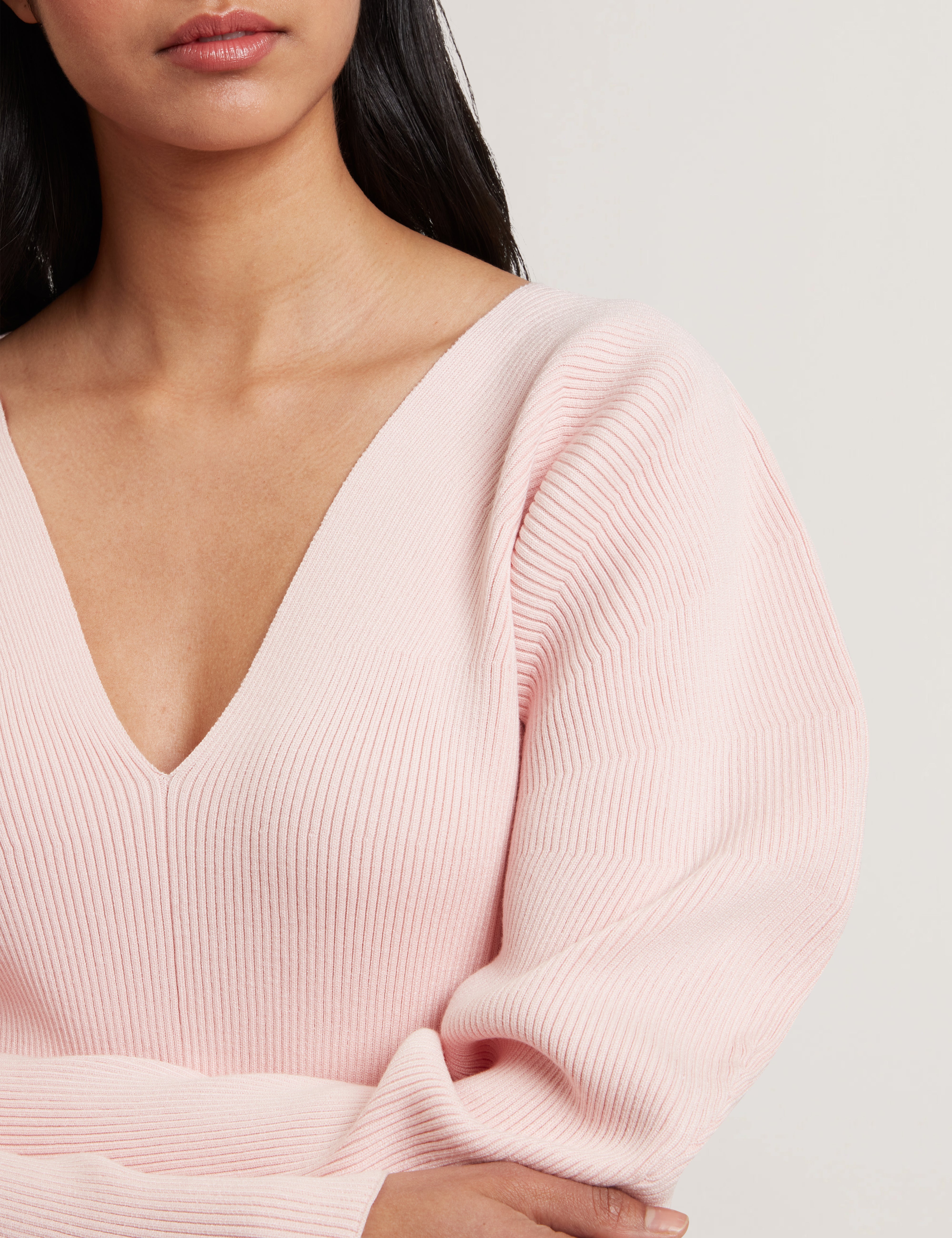 Amelyaa Ribbed Sculpted Sleeve Sweater Lt-Pink