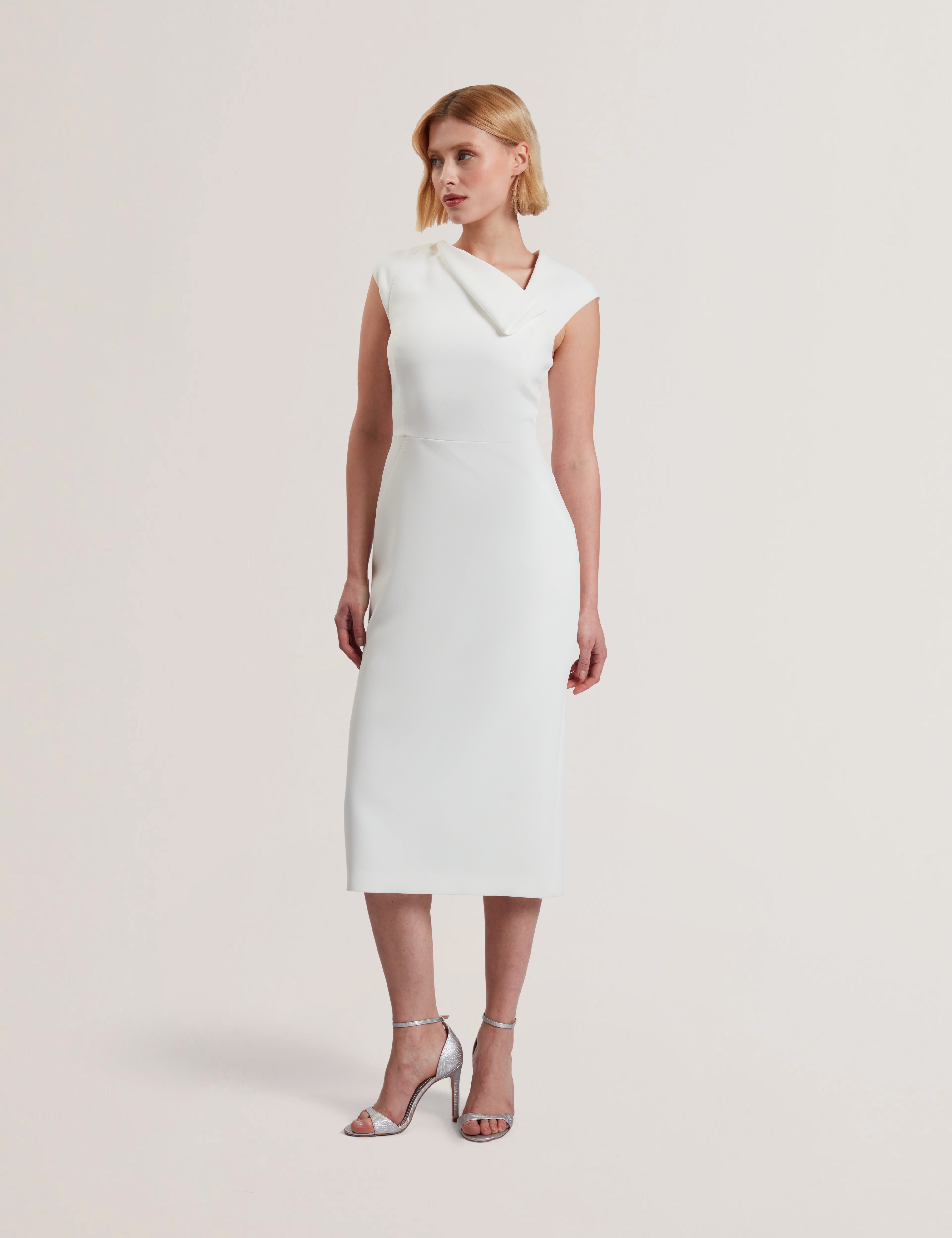 Bayree Asymmetric Folded Neckline Midi Dress White
