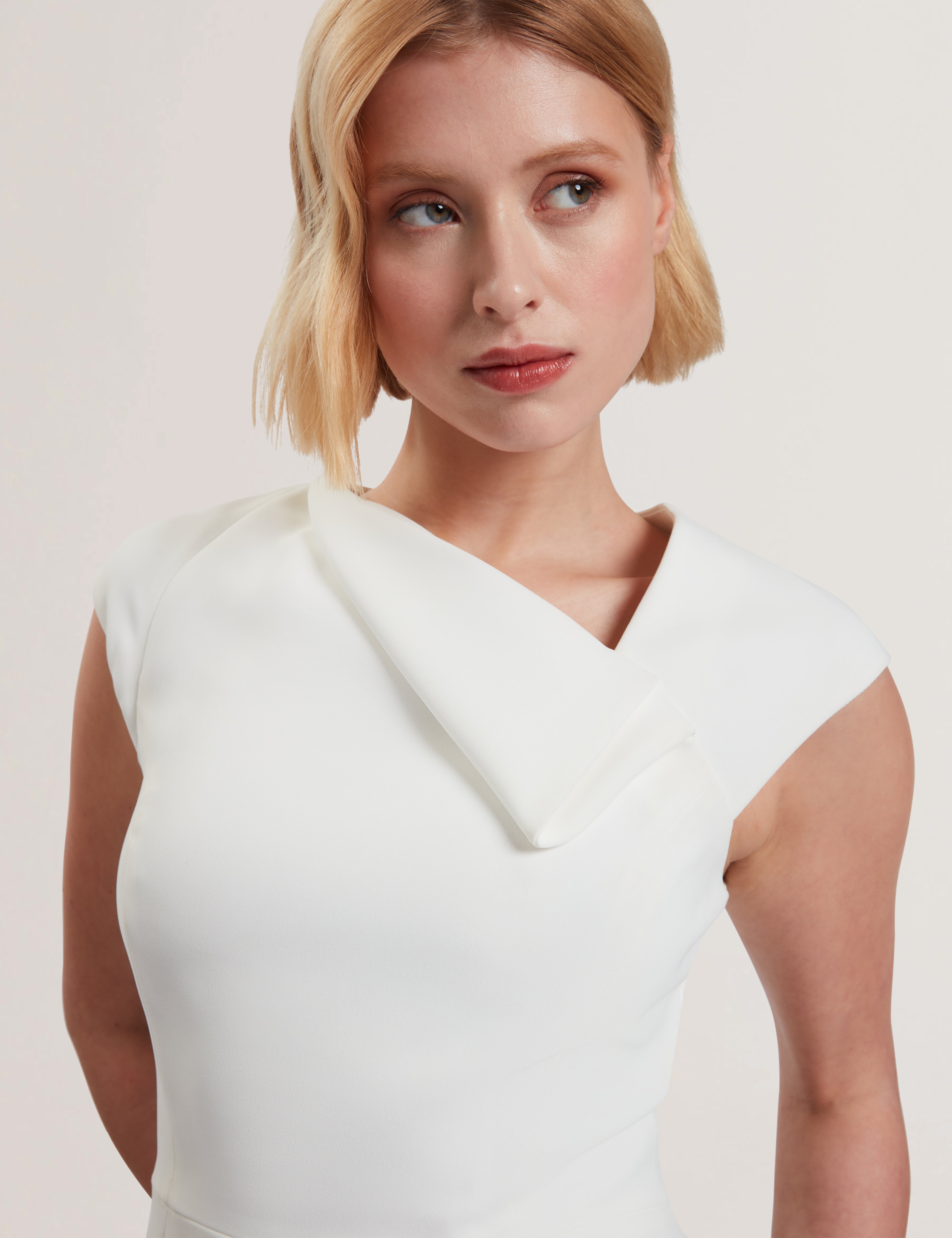 Bayree Asymmetric Folded Neckline Midi Dress White