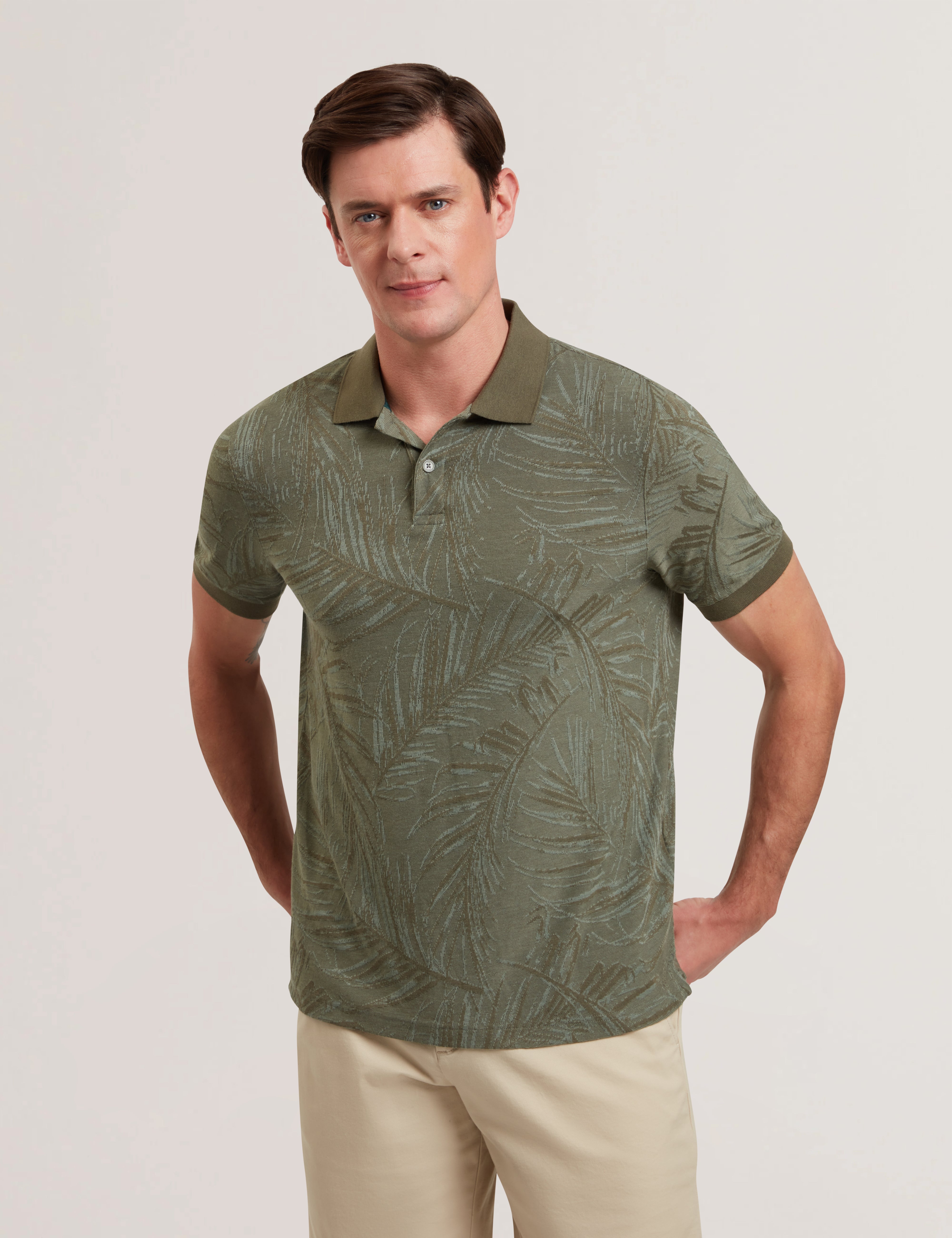 Edwine Short Sleeve Regular Leaf Print Polo Shirt Khaki