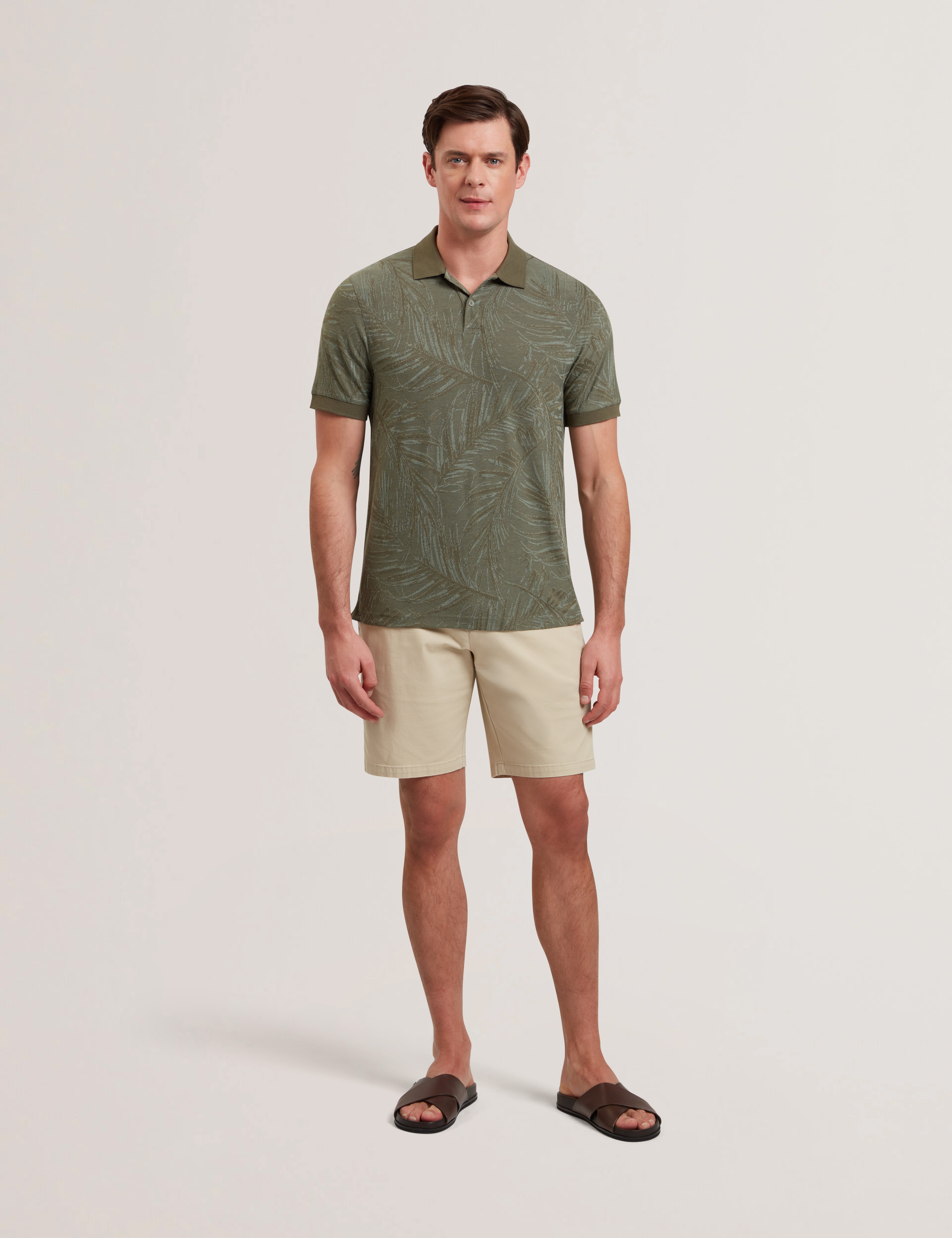 Edwine Short Sleeve Regular Leaf Print Polo Shirt Khaki