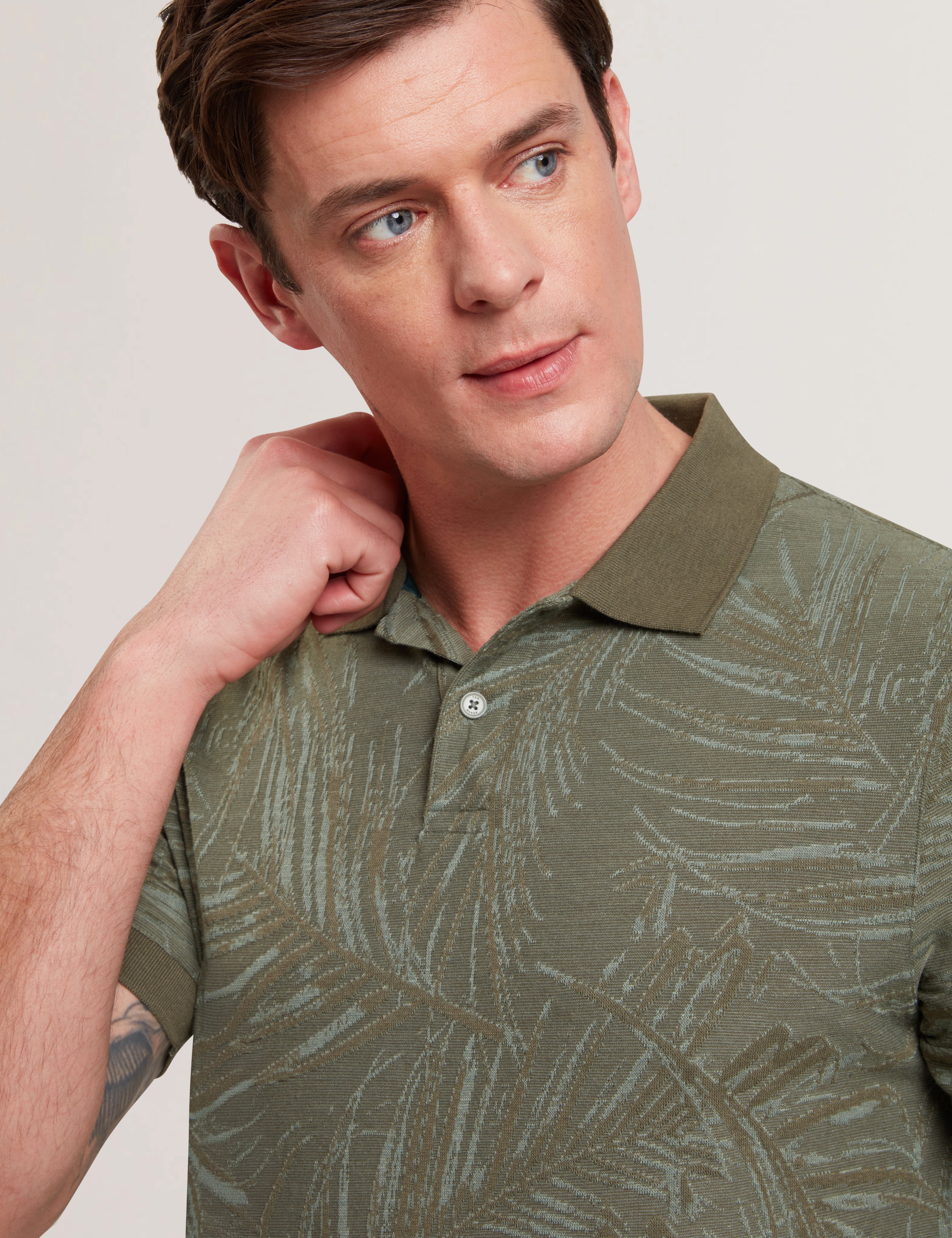 Edwine Short Sleeve Regular Leaf Print Polo Shirt Khaki