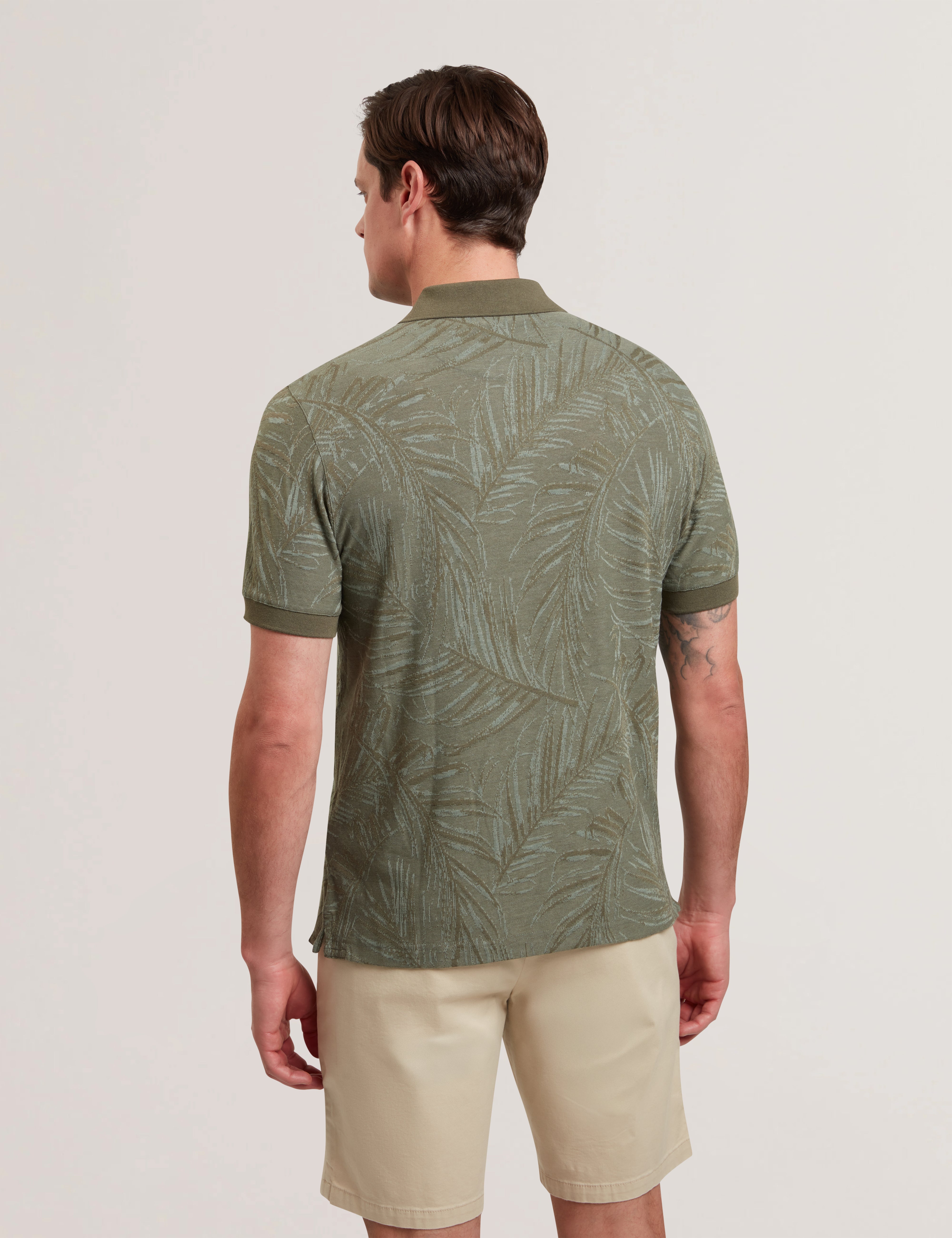 Edwine Short Sleeve Regular Leaf Print Polo Shirt Khaki