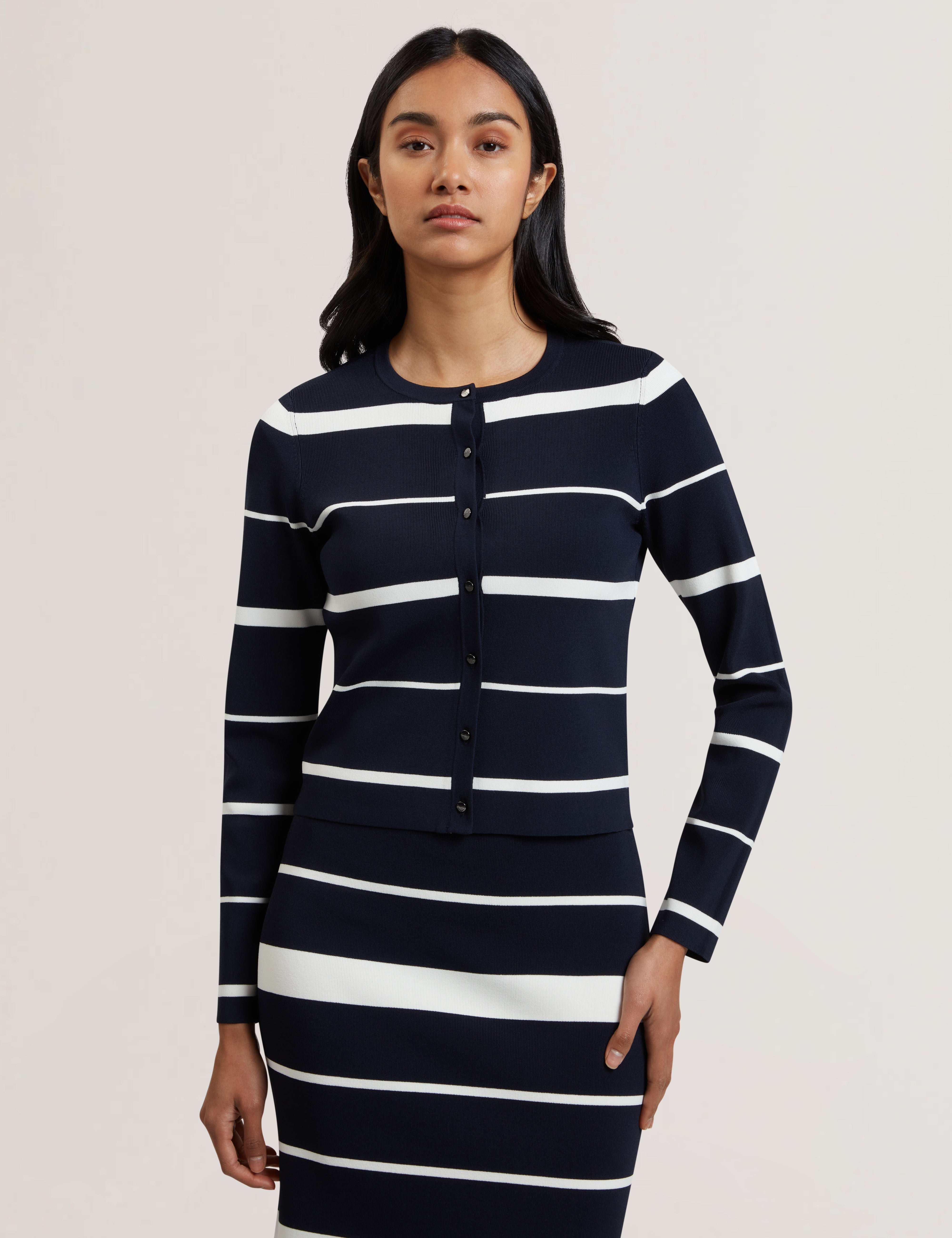 Eloriaa Stripe Fitted Crew Neck Cardigan Navy