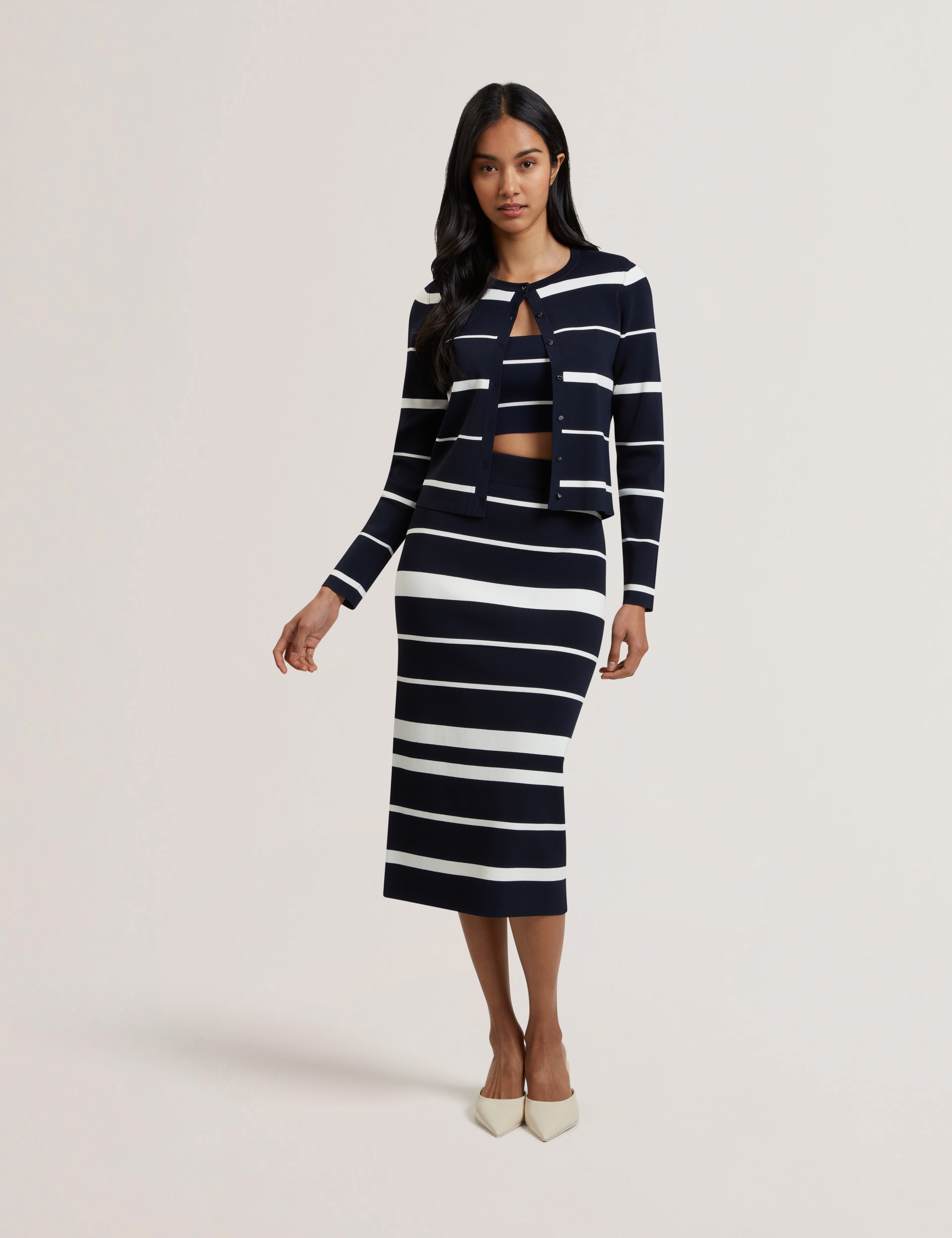 Eloriaa Stripe Fitted Crew Neck Cardigan Navy