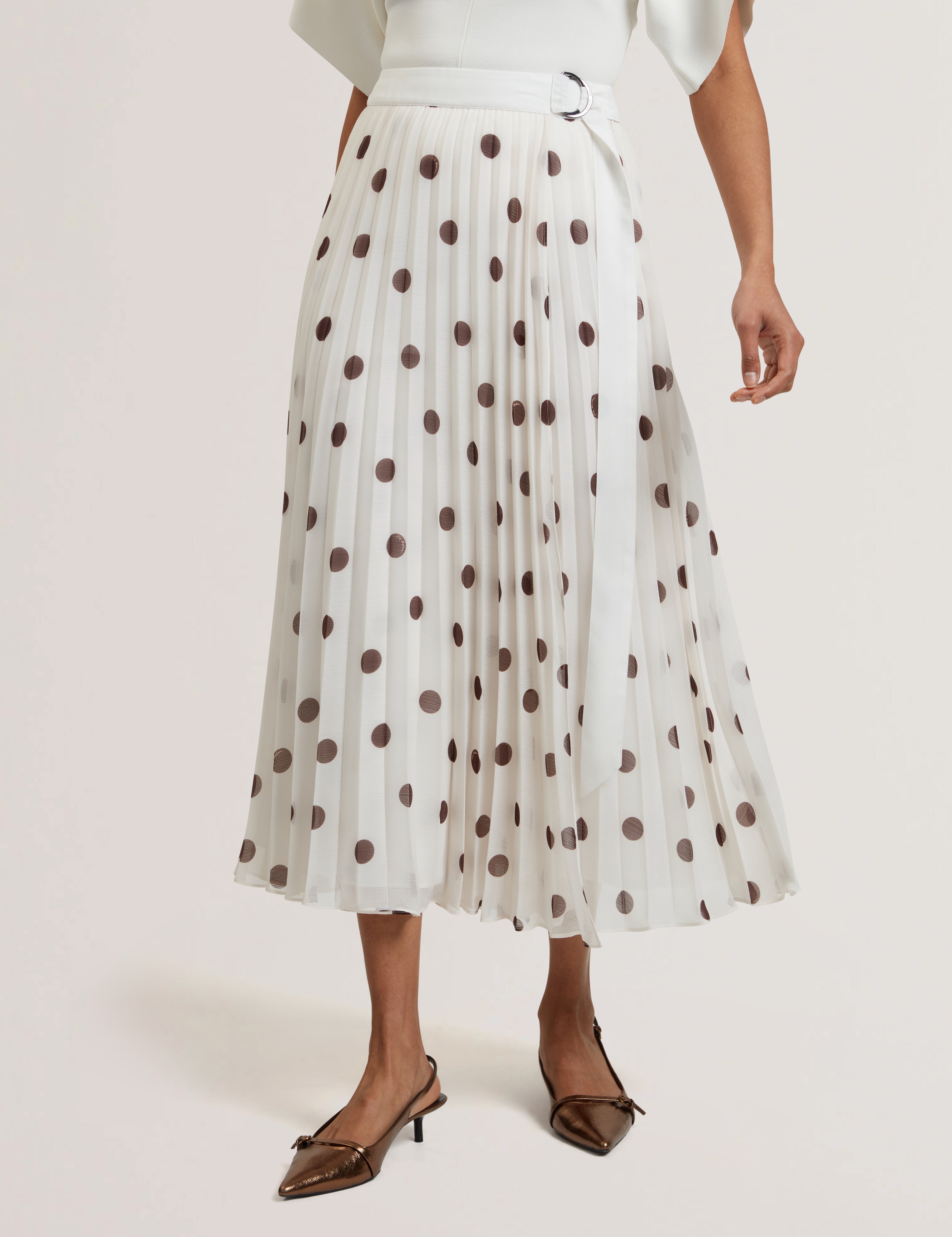 Ereo Polka Dot Pleated Midi Skirt Ivory