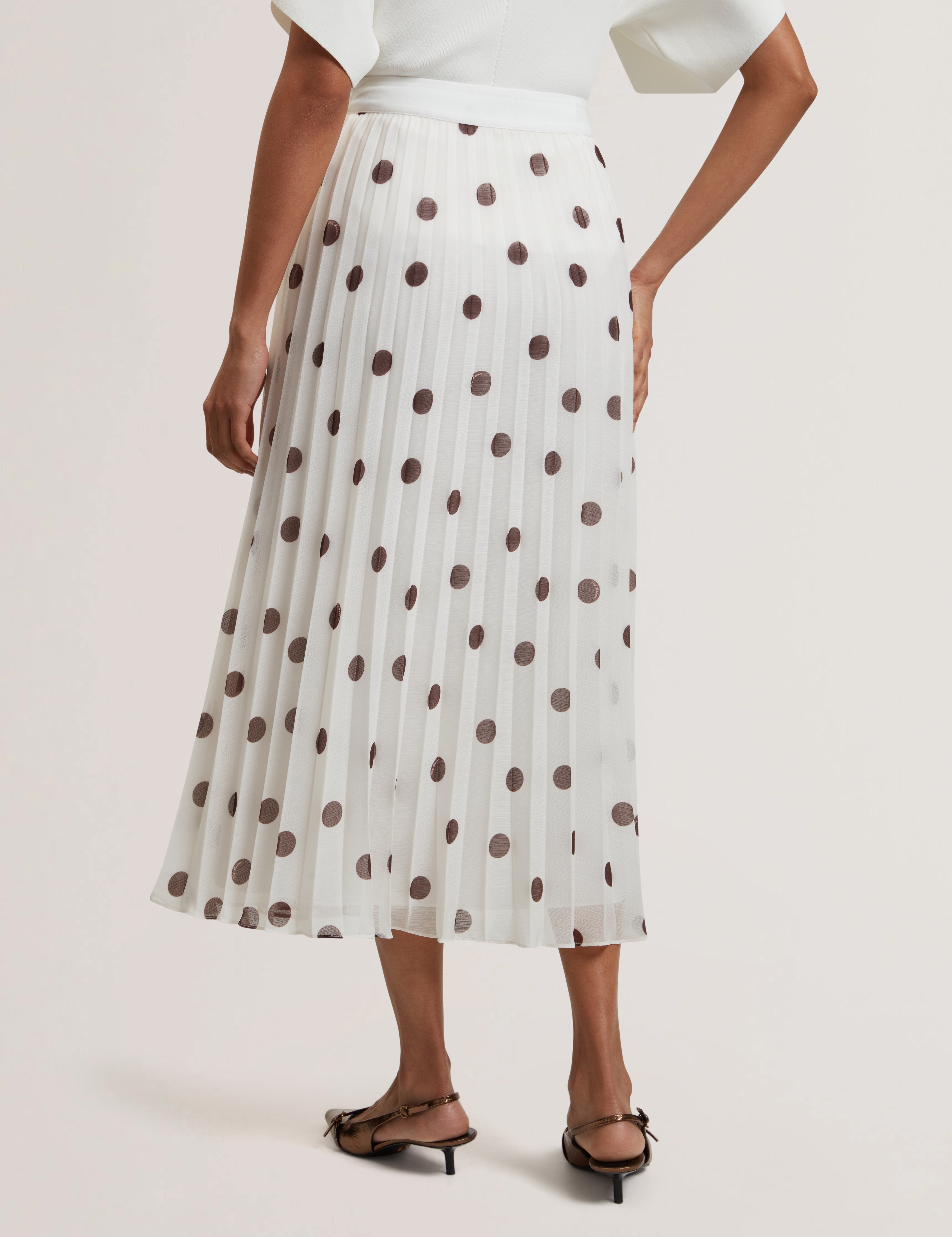 Ereo Polka Dot Pleated Midi Skirt Ivory
