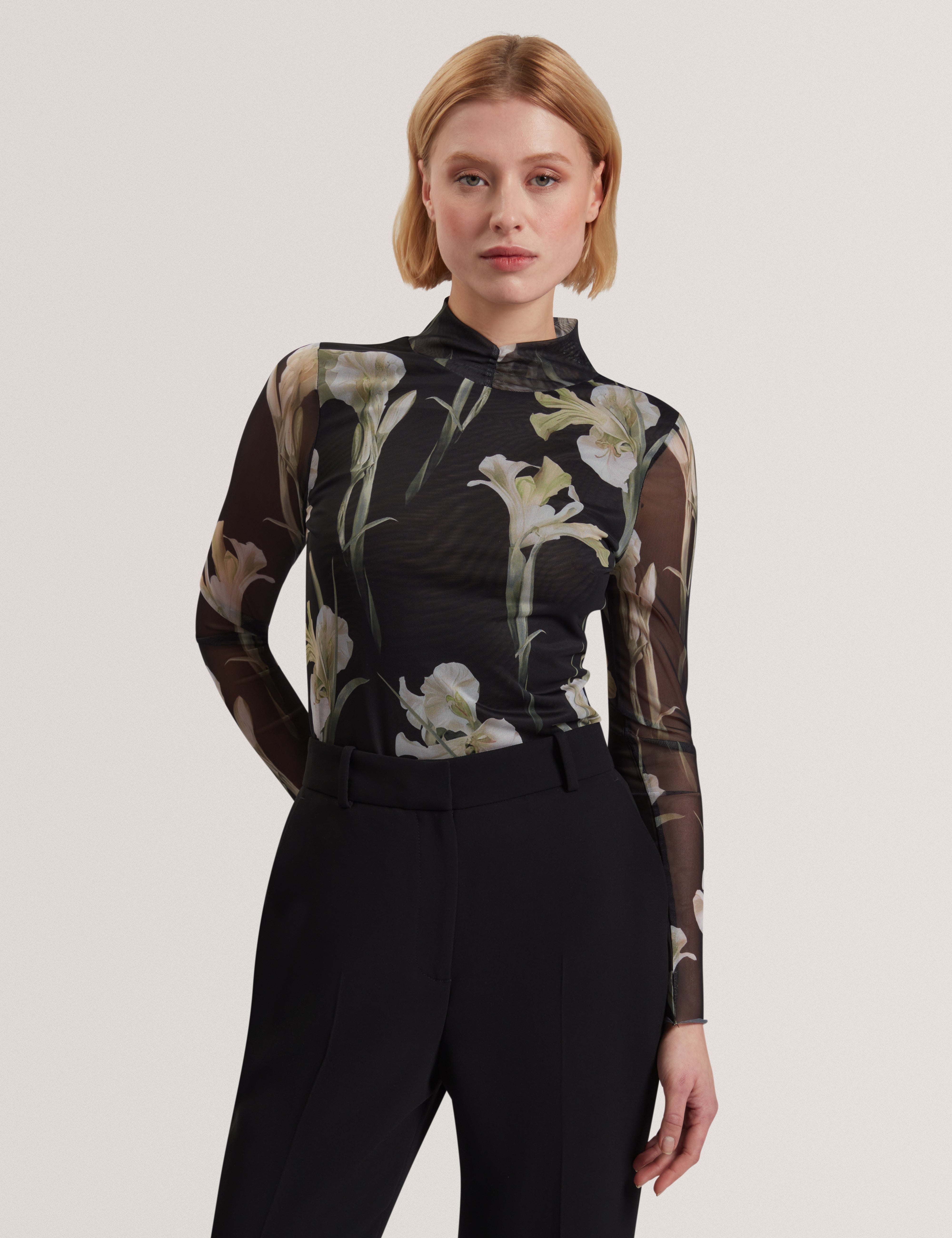 Fiaahh High Neck Mesh Printed Top Black