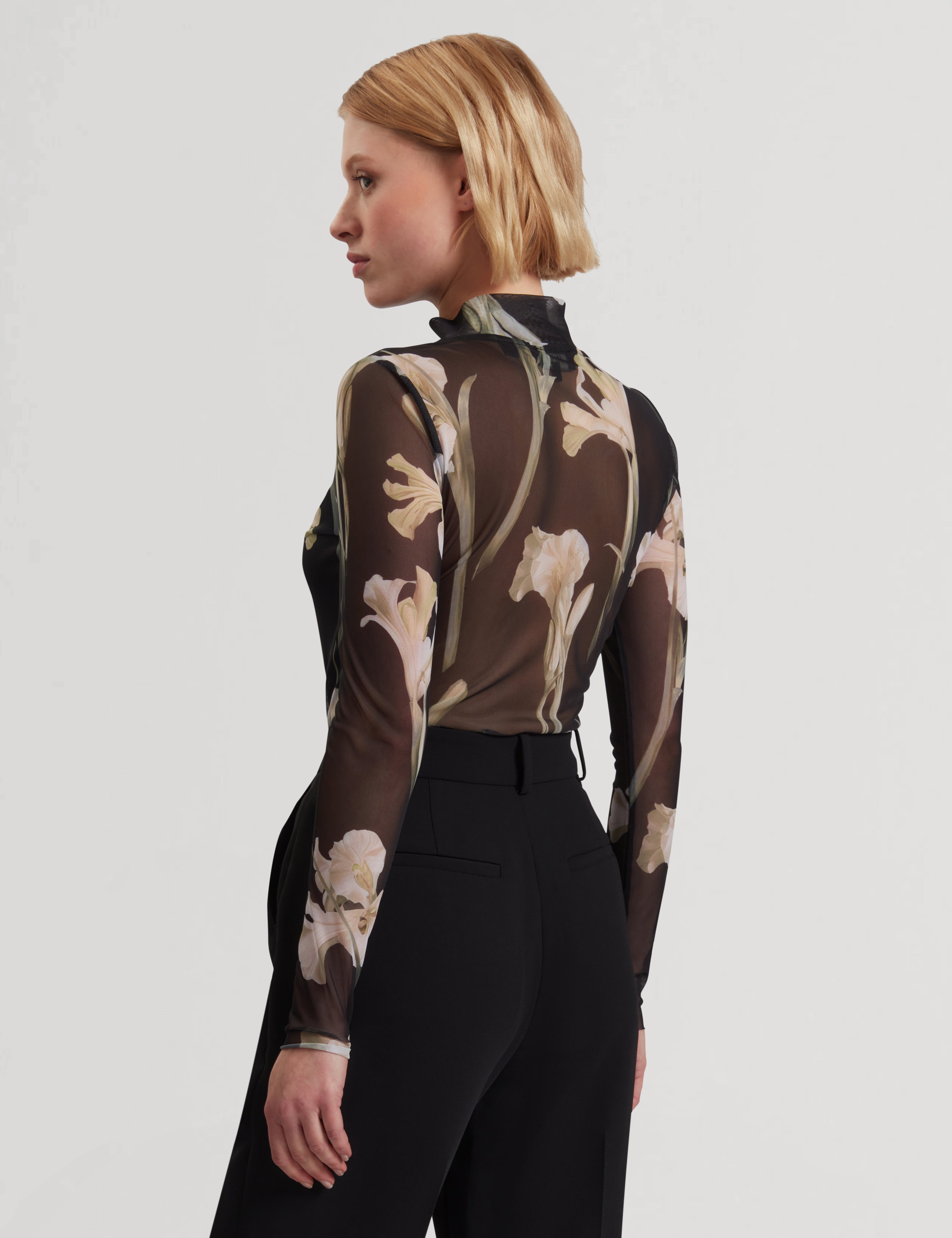 Fiaahh High Neck Mesh Printed Top Black