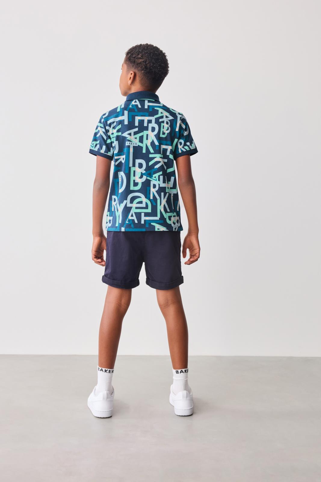 Printed 100% Cotton Polo Shirt Navy