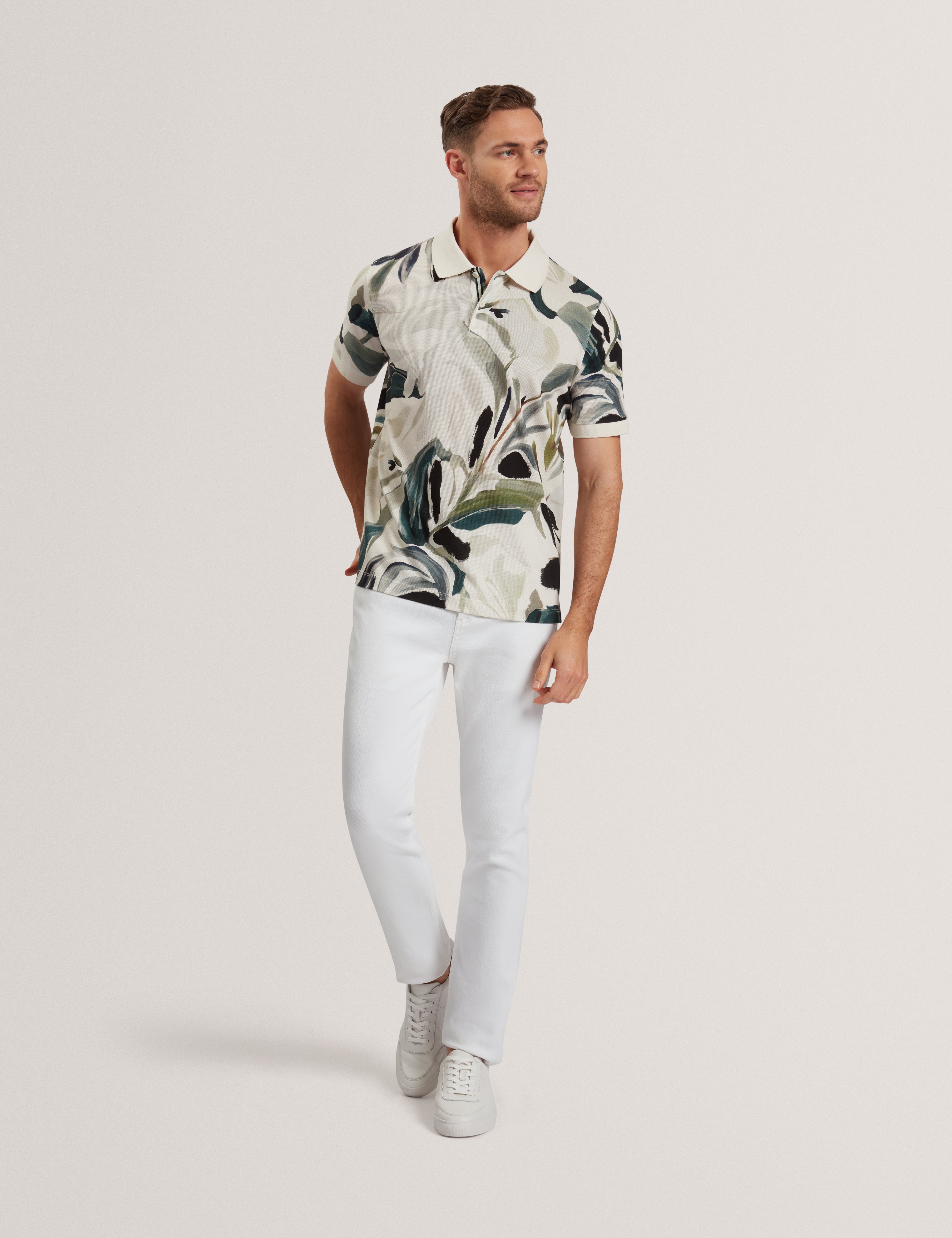 Kivem Short Sleeve Cotton Floral Print Polo Ecru