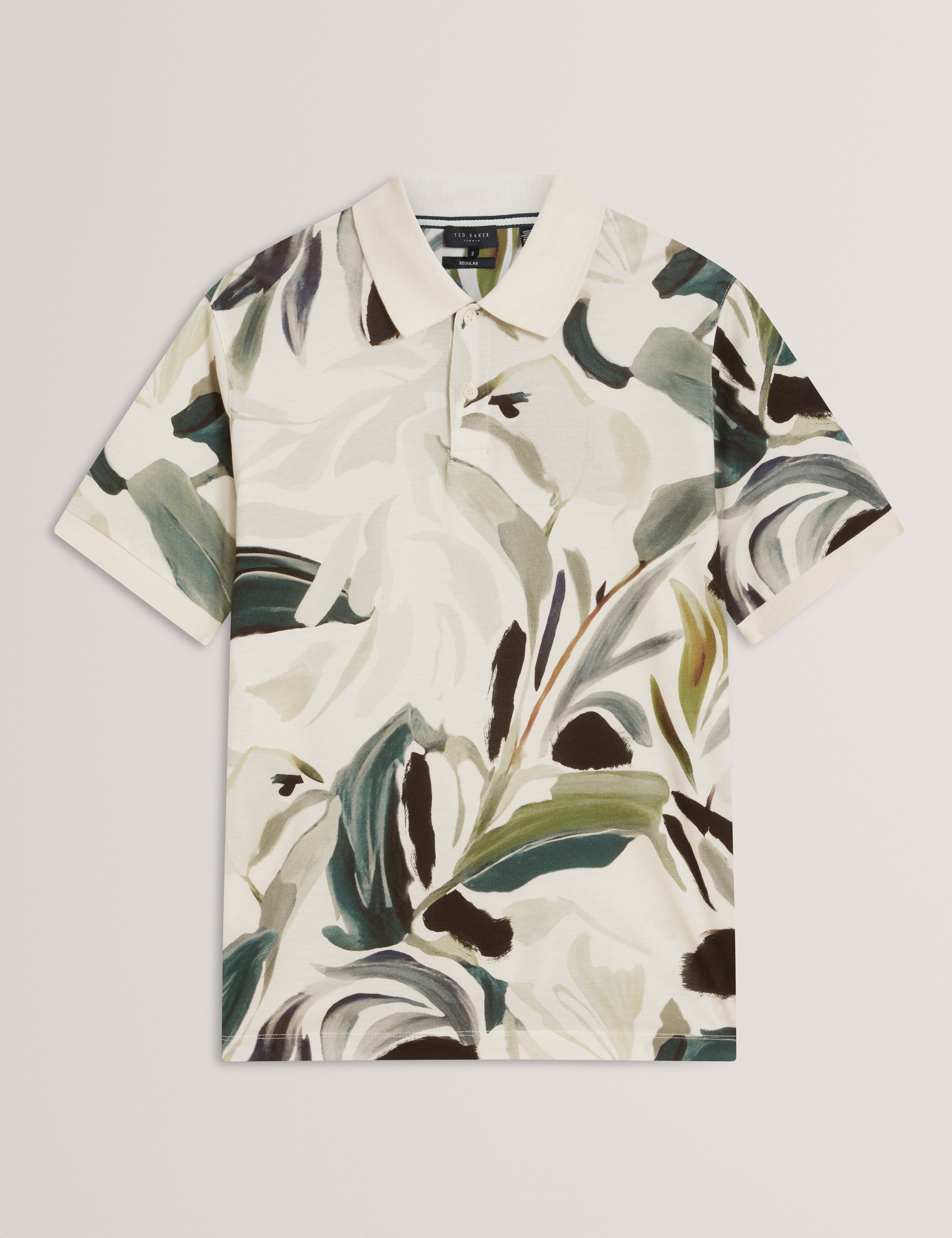 Kivem Short Sleeve Cotton Floral Print Polo Ecru