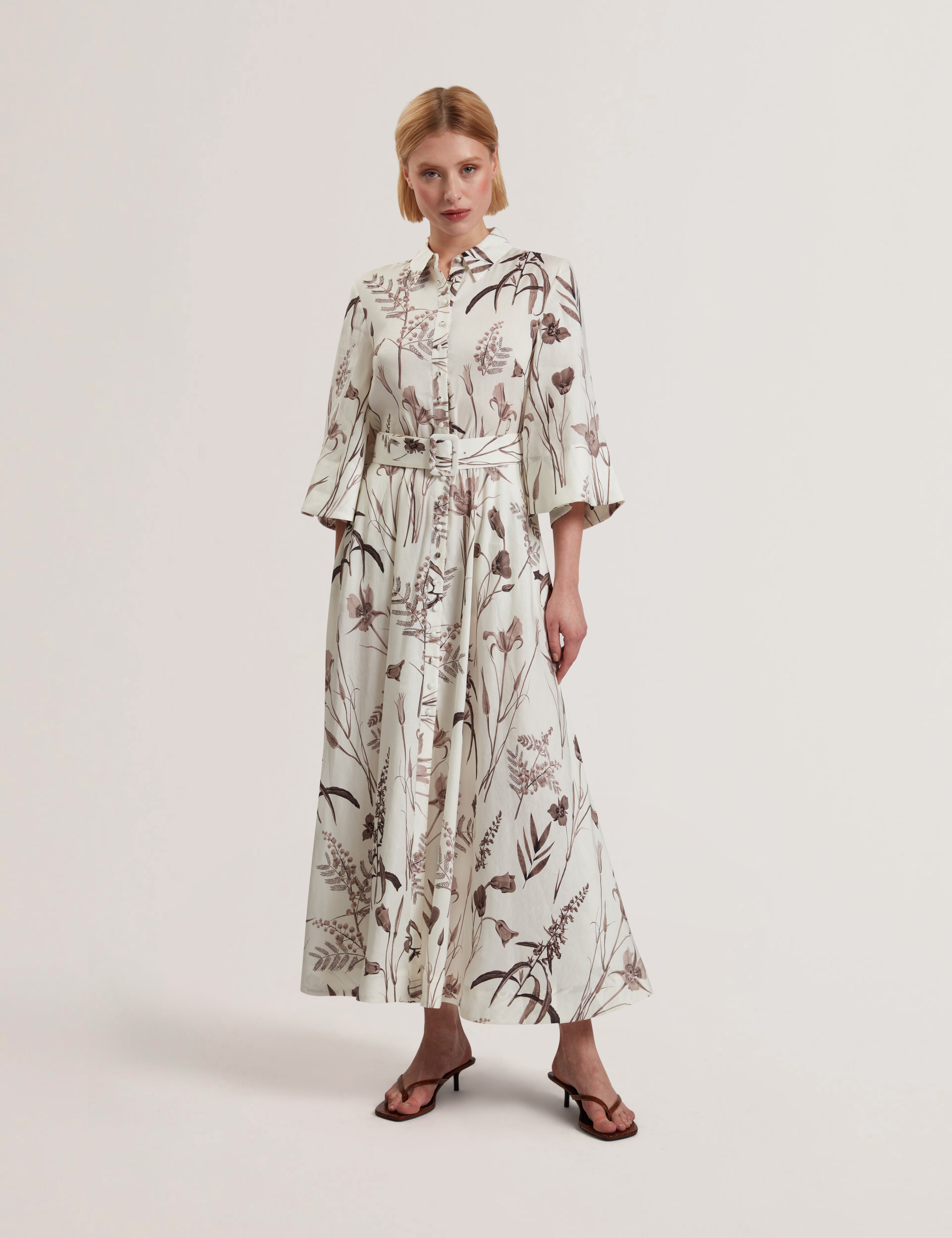 Luwisa Linen Silk Pleated Midi Dress Ivory