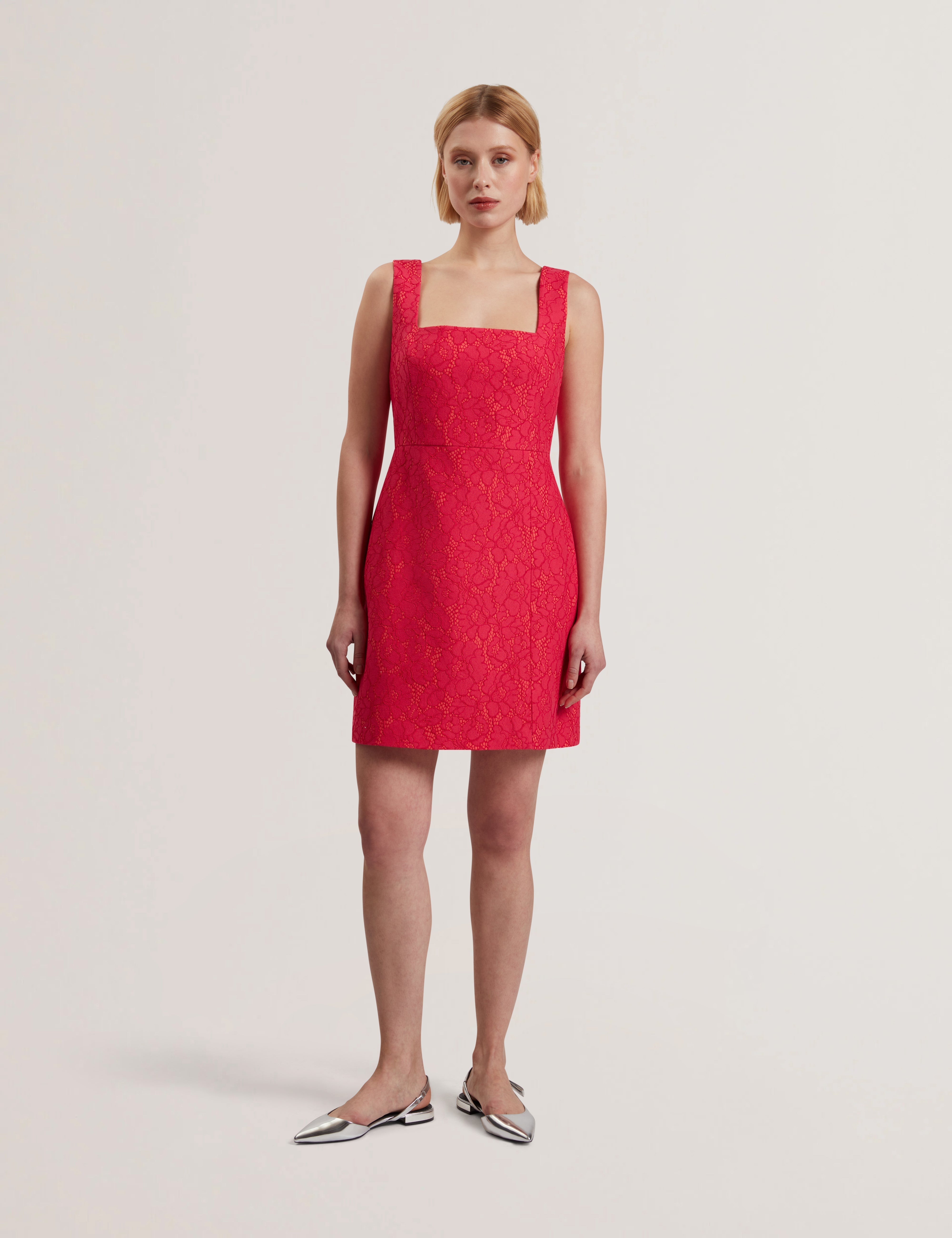 Meriod Bonded Lace Mini Dress With Slit Fuchsia