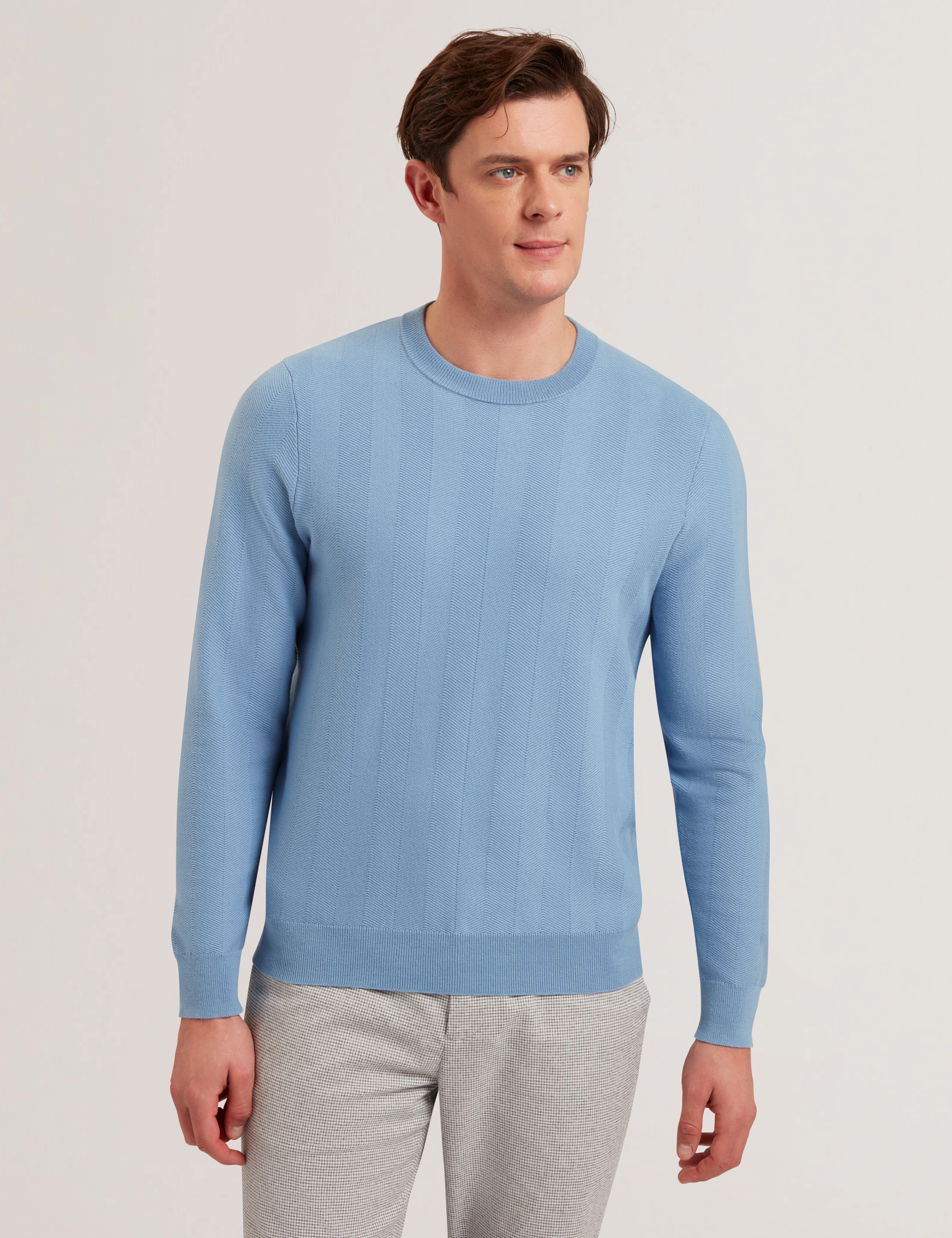 Jamals Long Sleeve Herringbone Stitch Crew Neck Blue