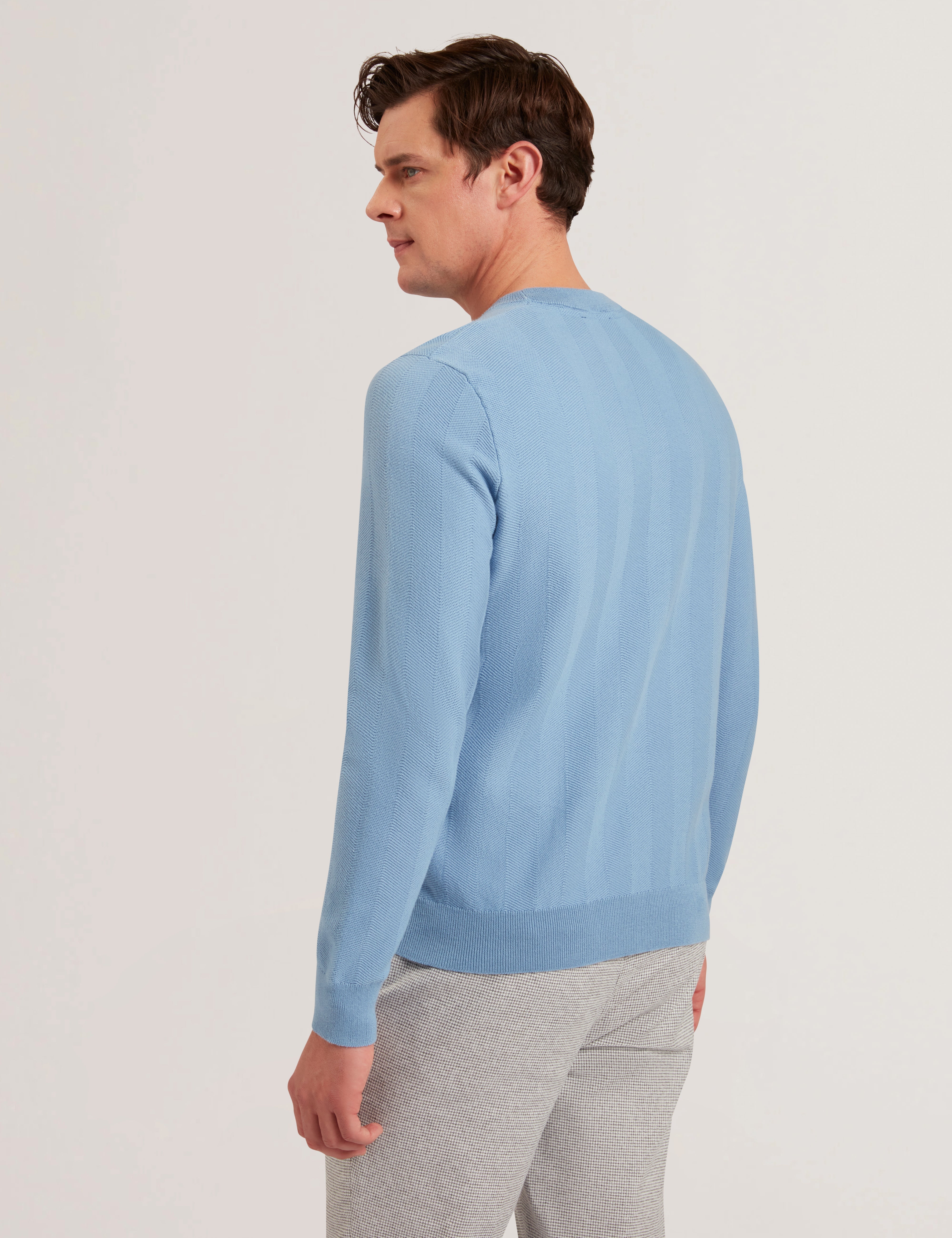 Jamals Long Sleeve Herringbone Stitch Crew Neck Blue