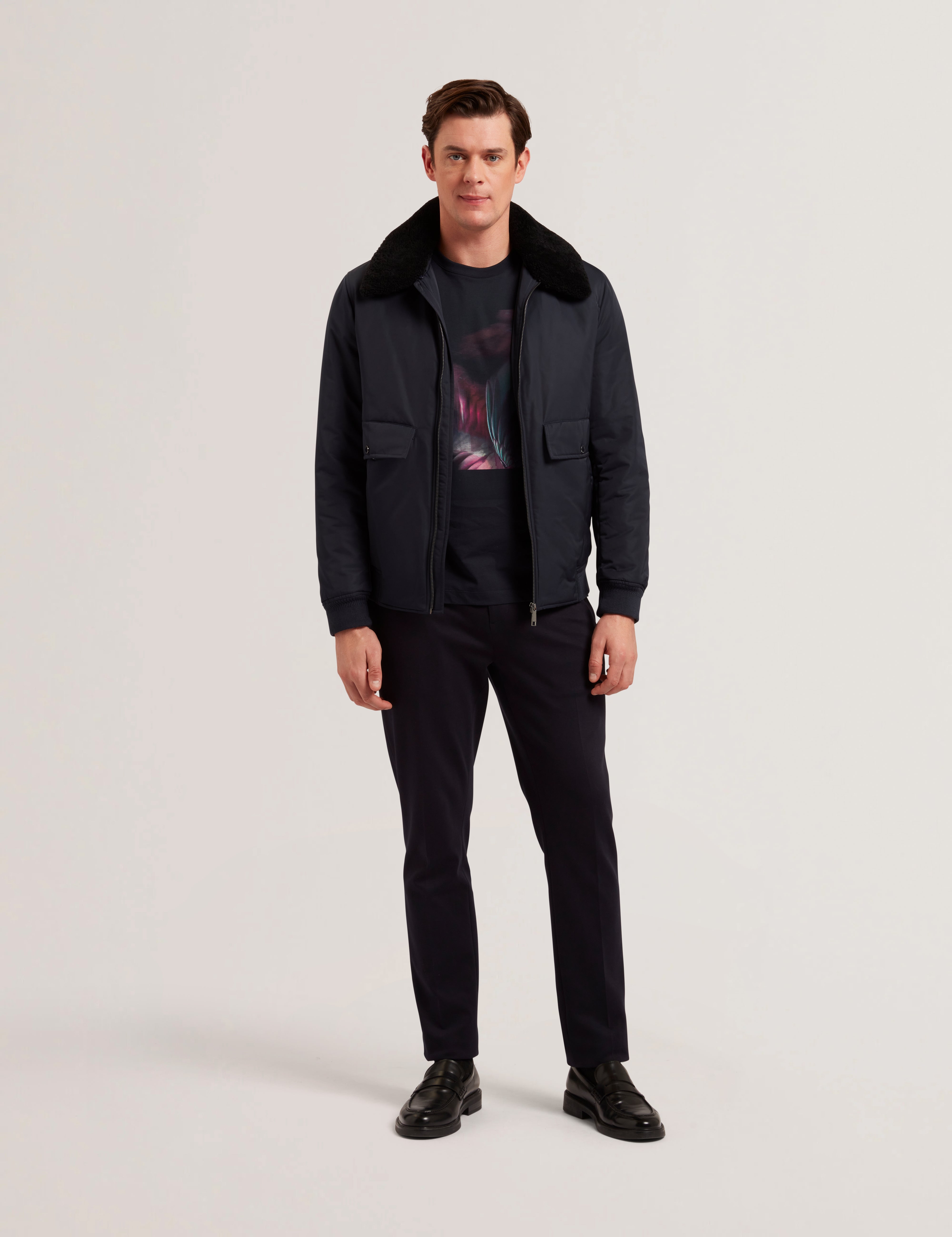 Avitore Bomber Removable Shearling Collar Navy