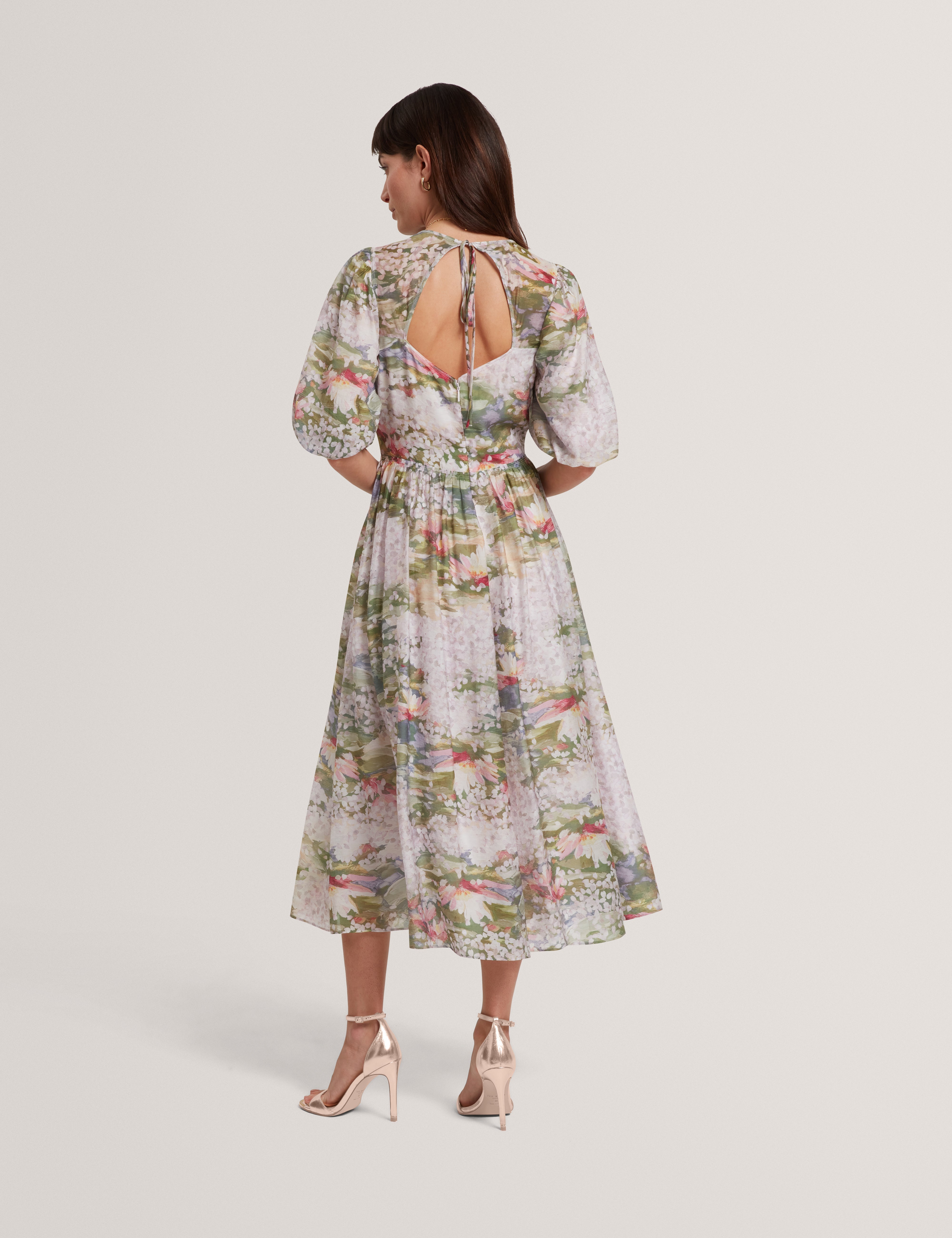 Jonora Puff Sleeveâ Printed Midi Dress Pink