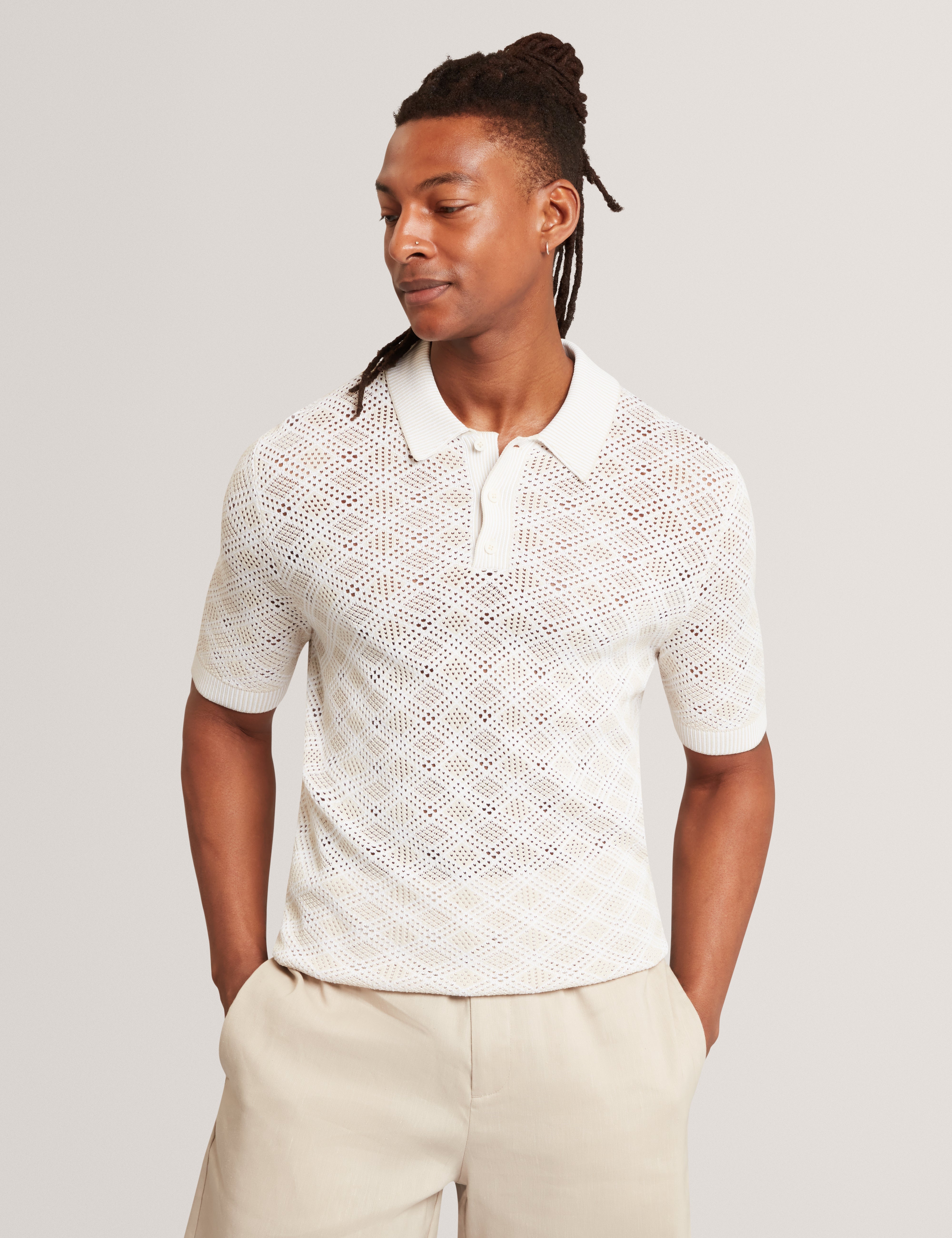 Helme Ss Geometric Stitch Polo Ecru