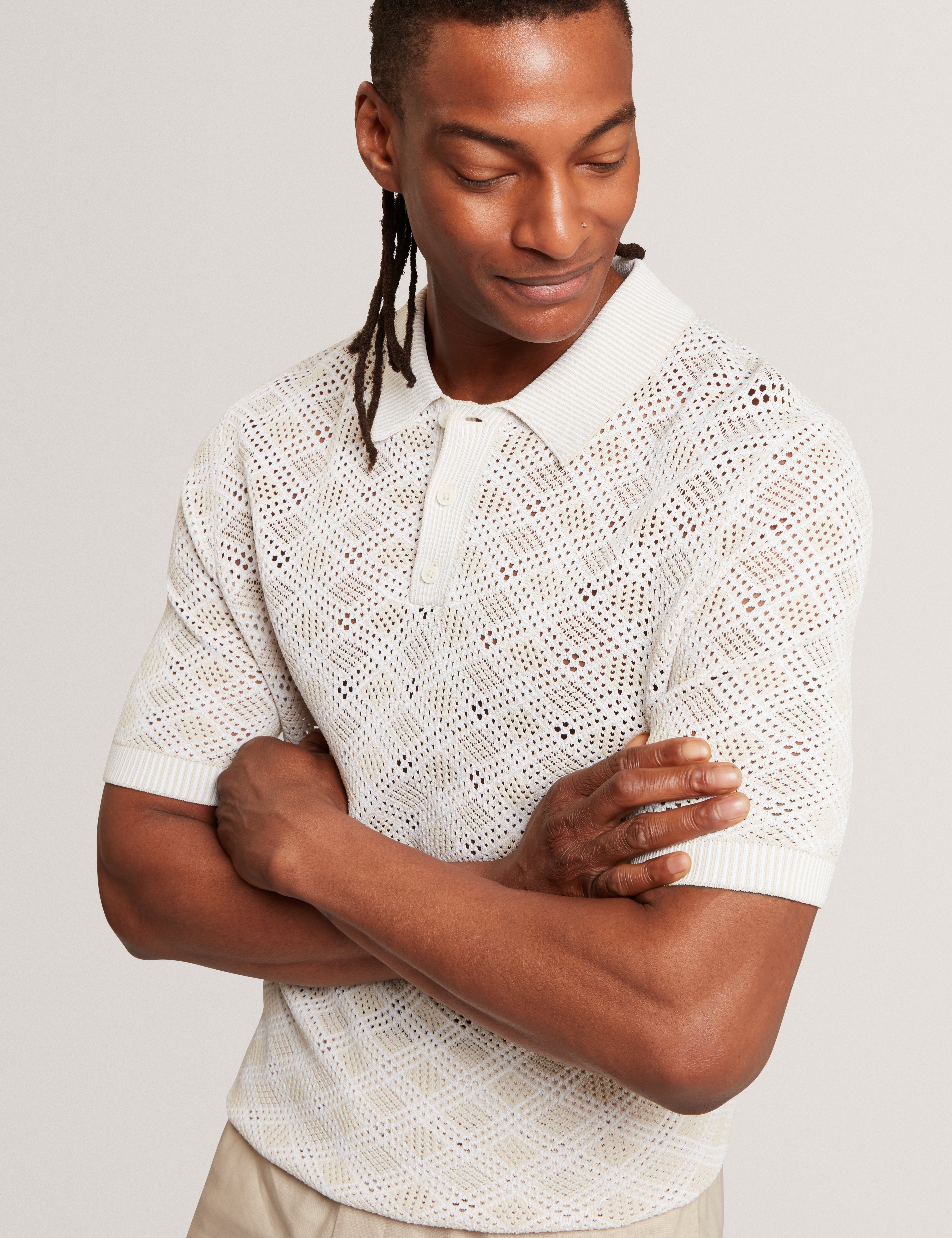 Helme Ss Geometric Stitch Polo Ecru