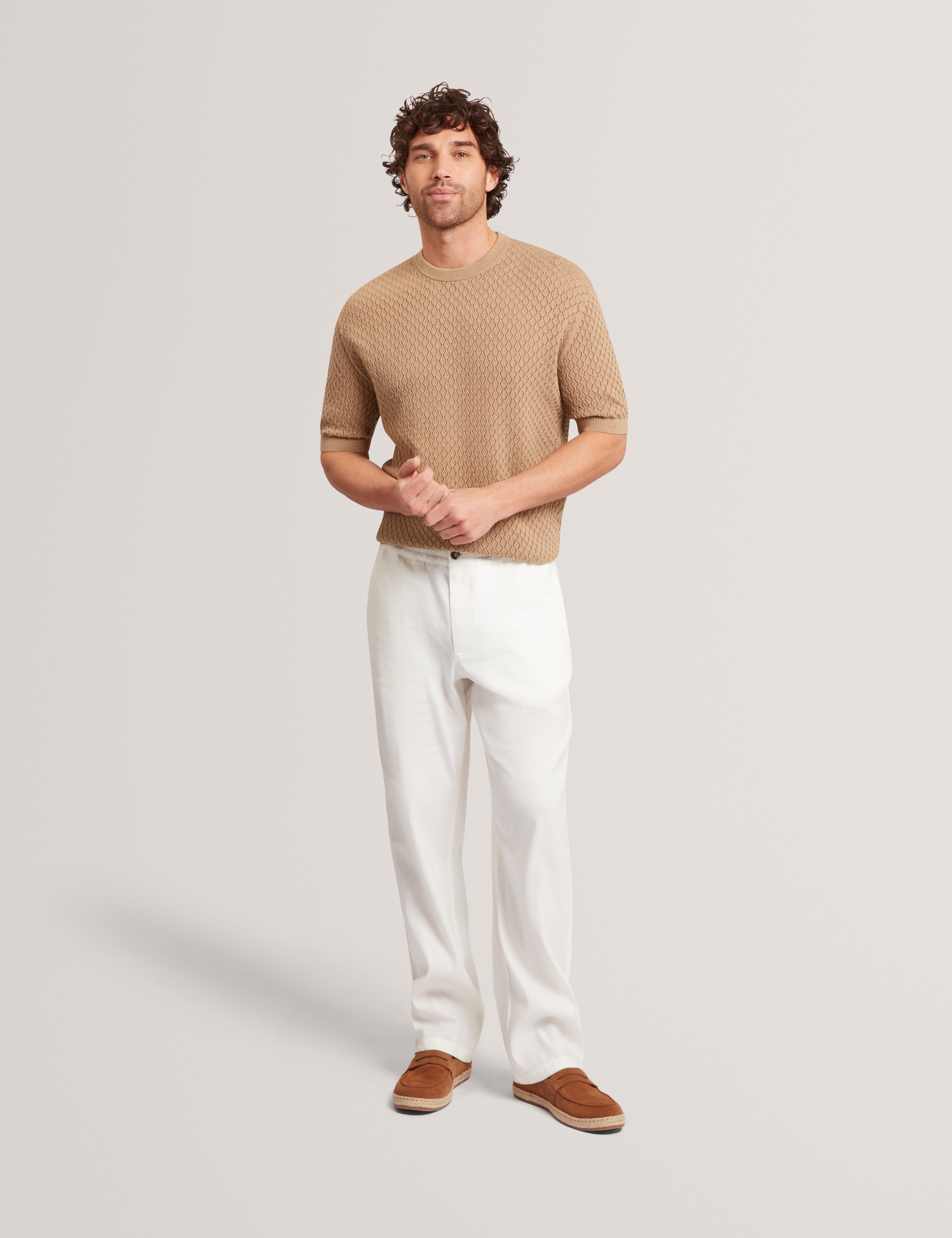 Ferriss Short Sleeve Relaxed Fit Crochet T-Shirt Lt-Brown