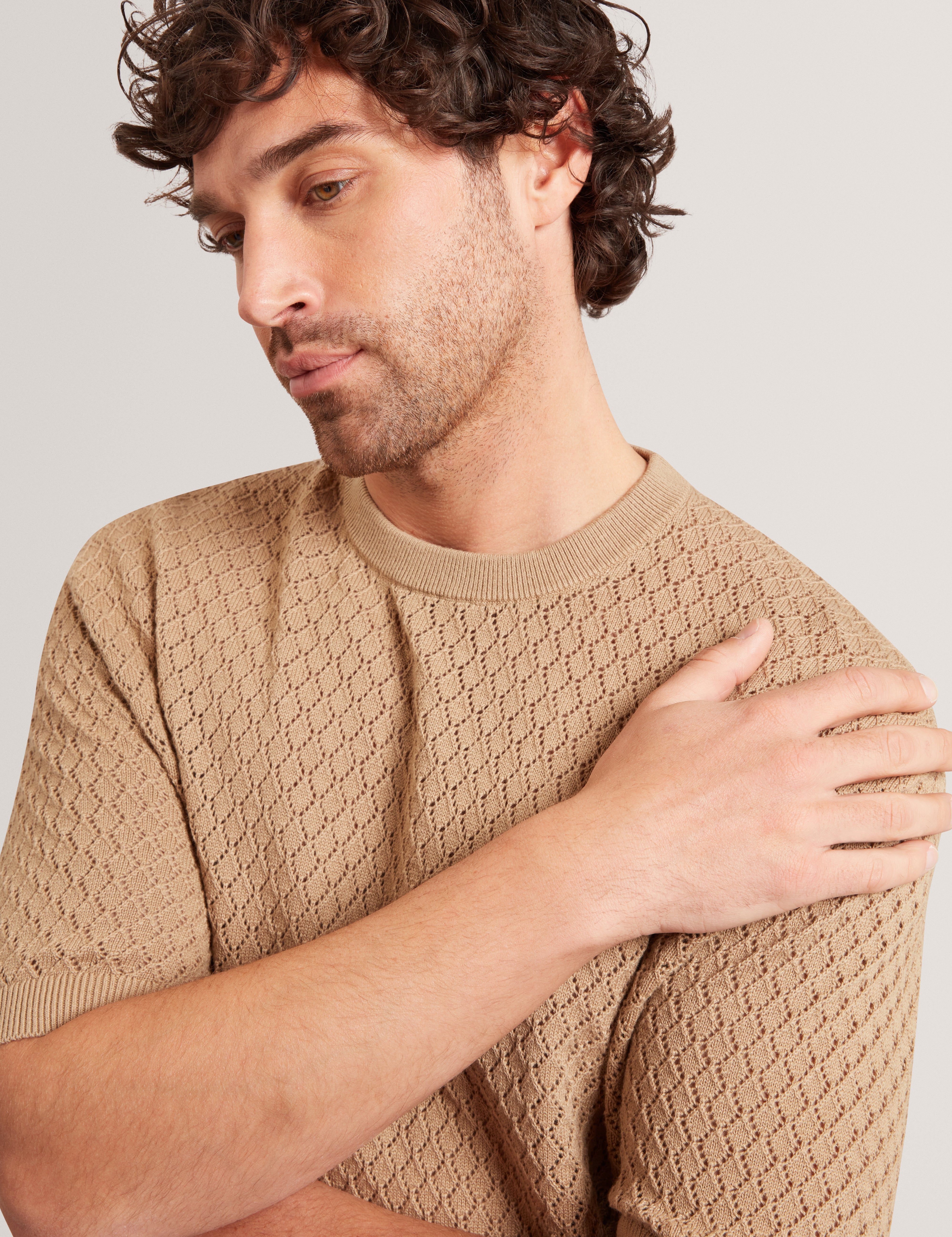 Ferriss Short Sleeve Relaxed Fit Crochet T-Shirt Lt-Brown