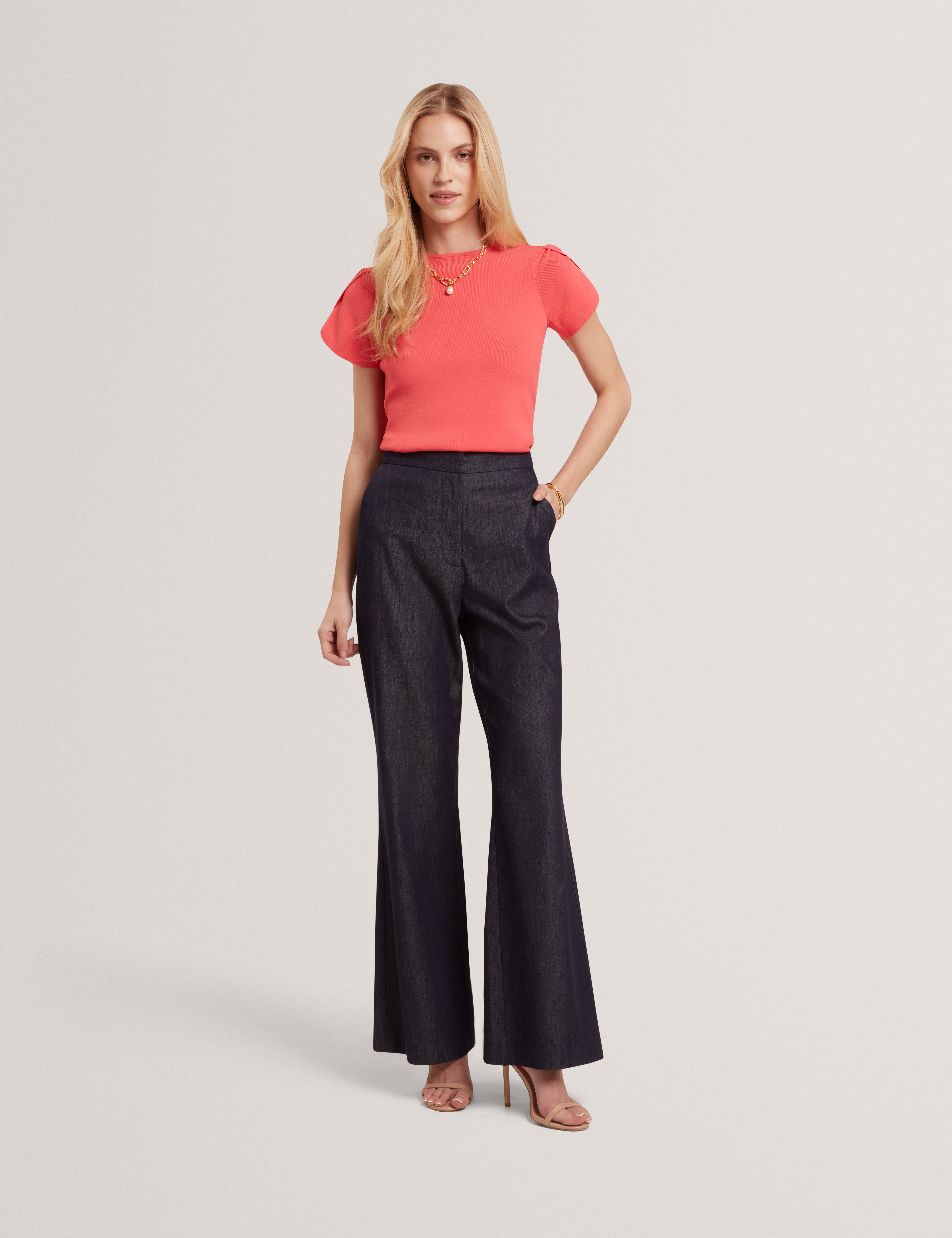 Roseny Tulip Sleeve Knitted Top Coral