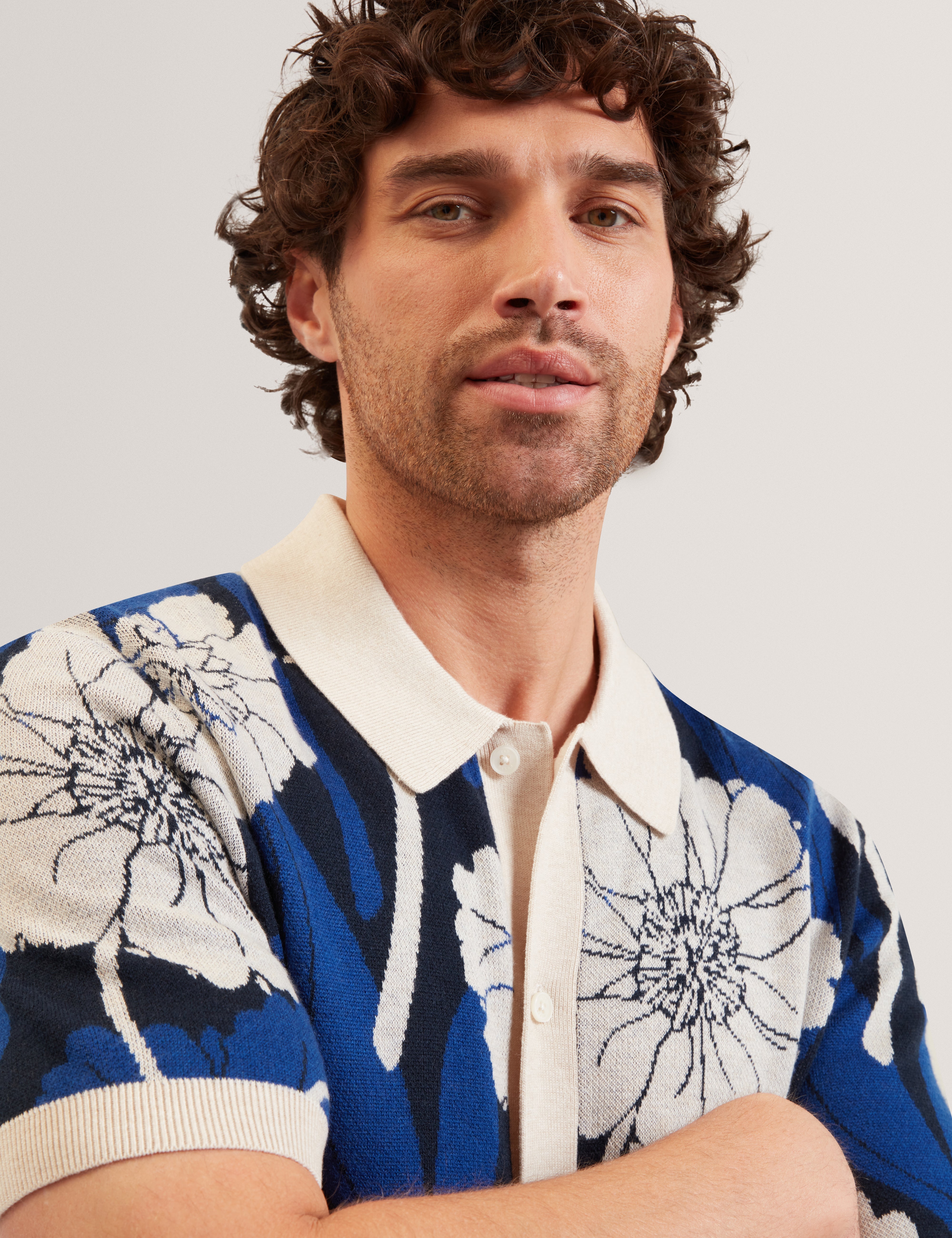Aldery Short Sleeve Floral Jacquard Polo Brt-Blue