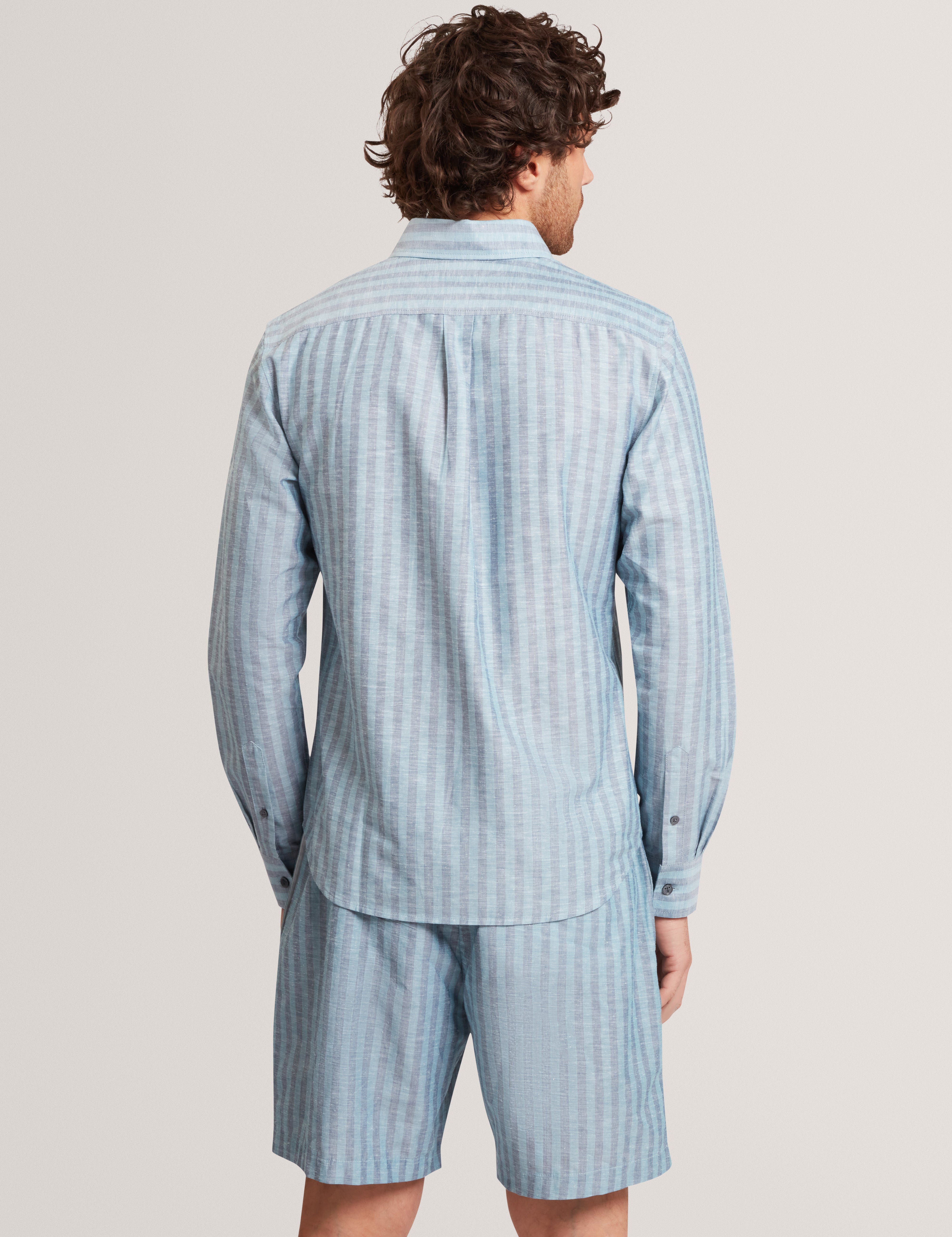 Andrsen Ls Regular Linen Blend Stripe Teal-Blue