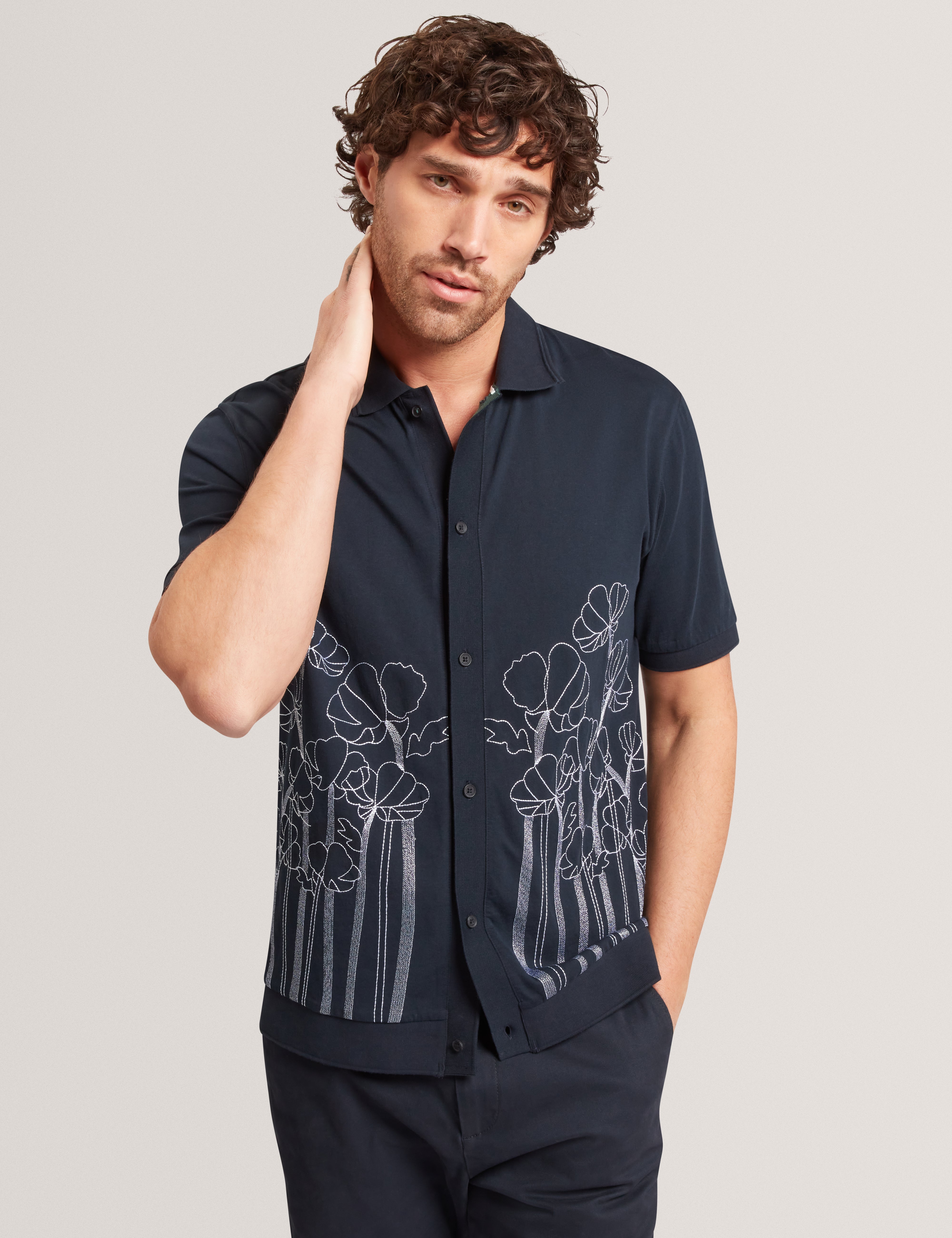 Actton Short Sleeve Floral Embroidered Button Through Polo Shirt Navy