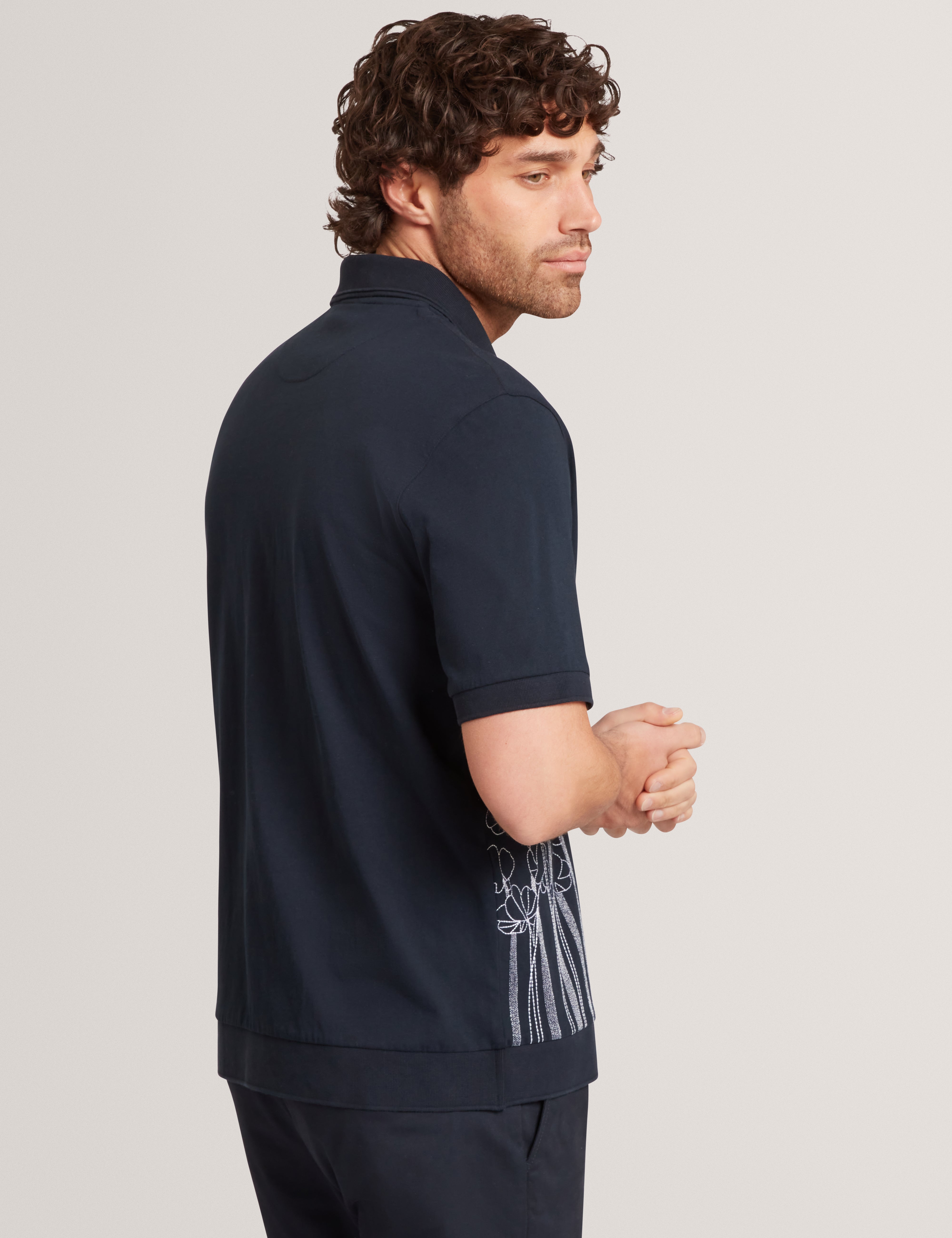 Actton Short Sleeve Floral Embroidered Button Through Polo Shirt Navy