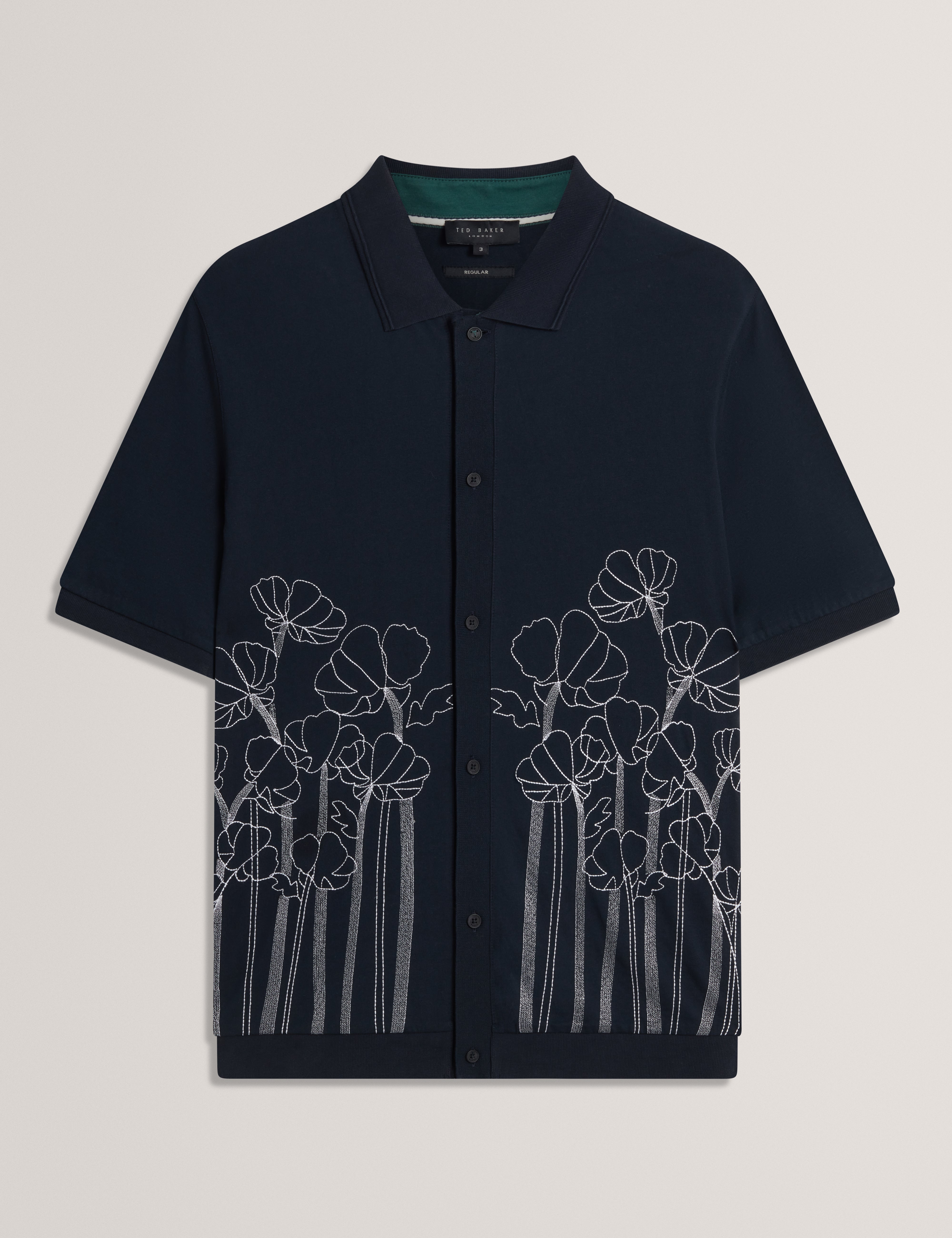 Actton Short Sleeve Floral Embroidered Button Through Polo Shirt Navy