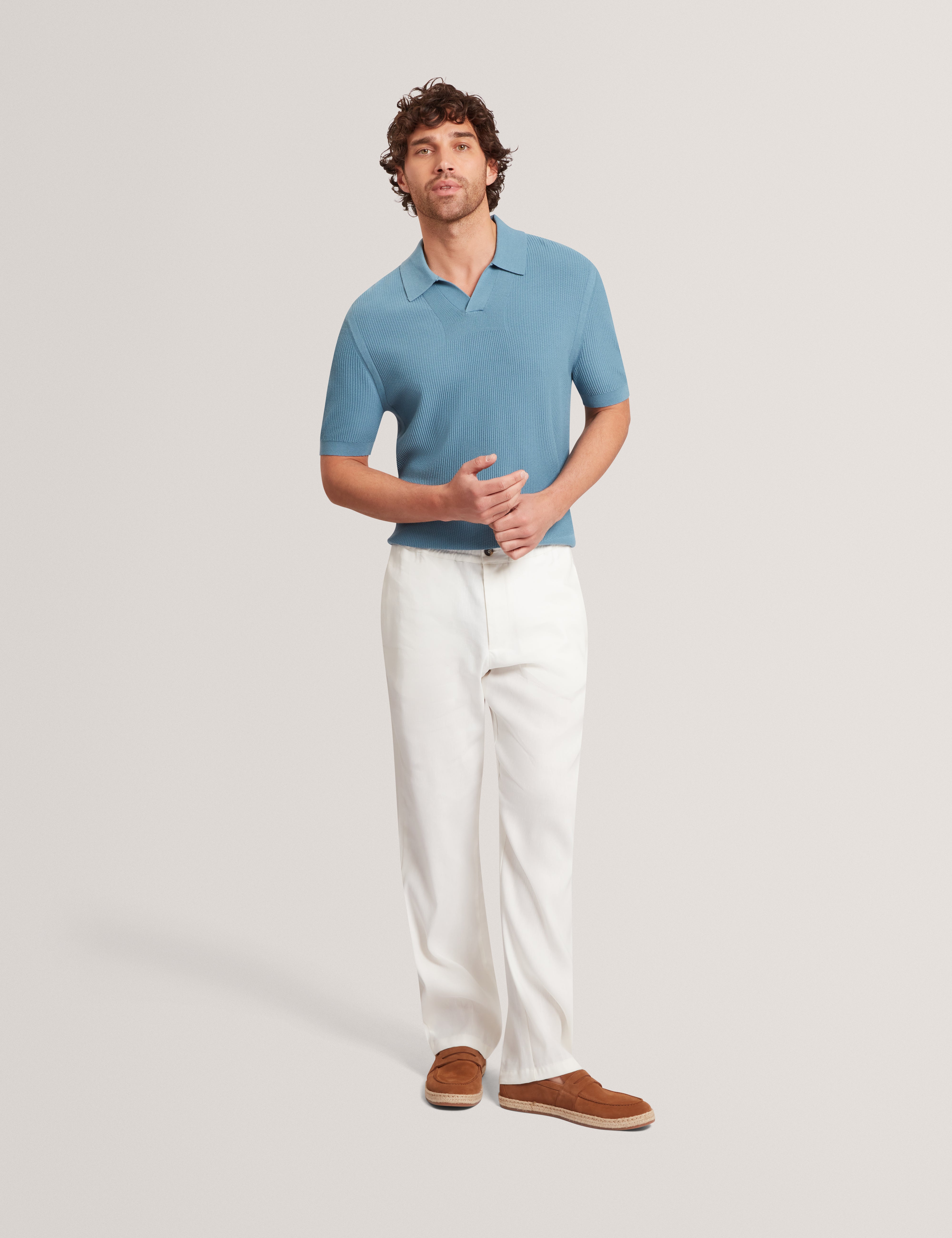 Aindrea Short Sleeve Stitch Detail Open Neck Polo Sky-Blue